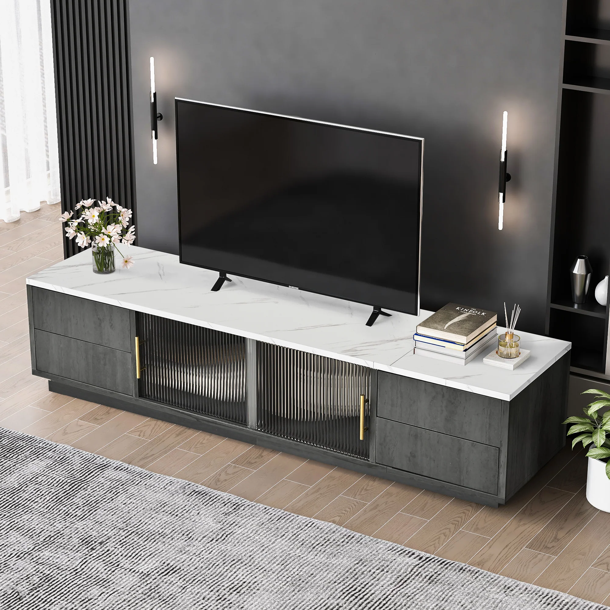 TV Stand 160cm Marbled Top Push-to-Open Drawers - Grey - Image 6