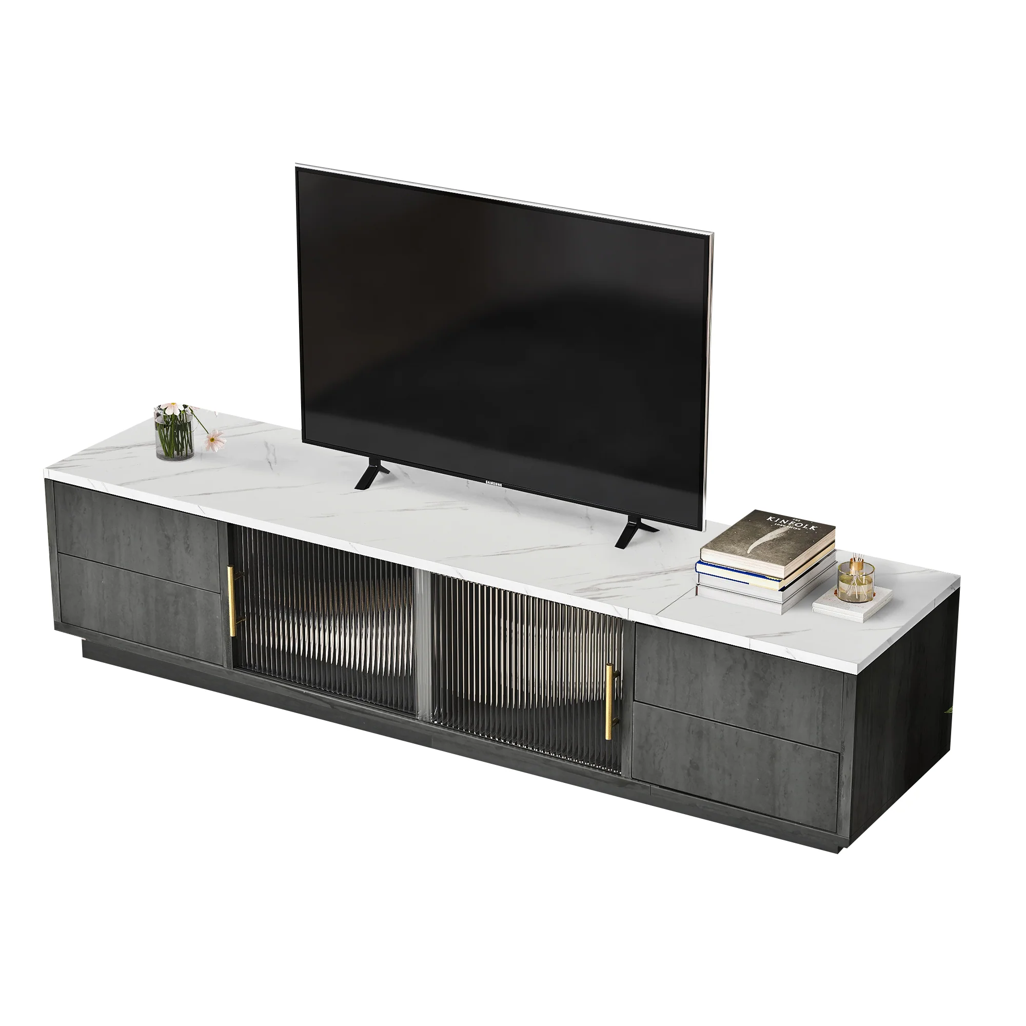 TV Stand 160cm Marbled Top Push-to-Open Drawers - Grey - Image 7