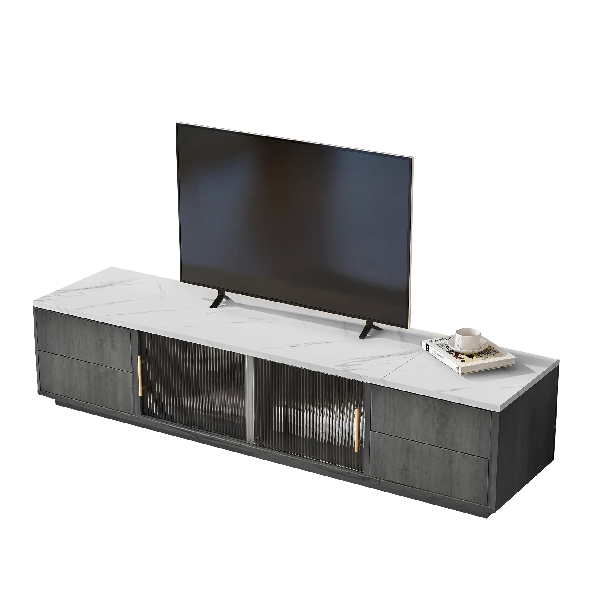 TV Stand 160cm Marbled Top Push-to-Open Drawers - Grey - Image 9