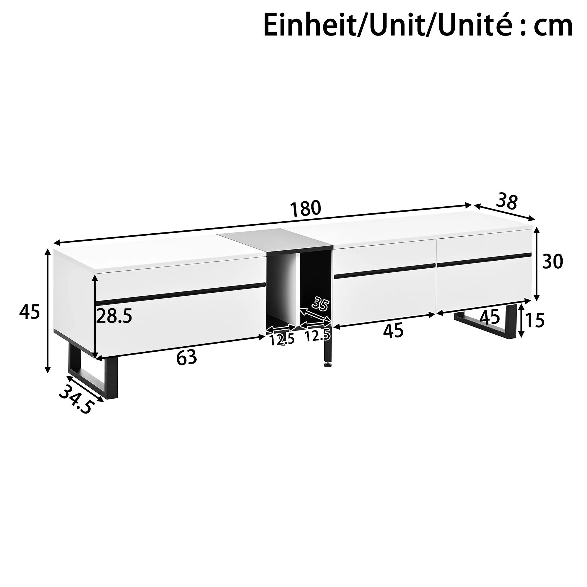 TV Stand 180cm Drop-Down Open Shelves Double Doors - White - Image 5