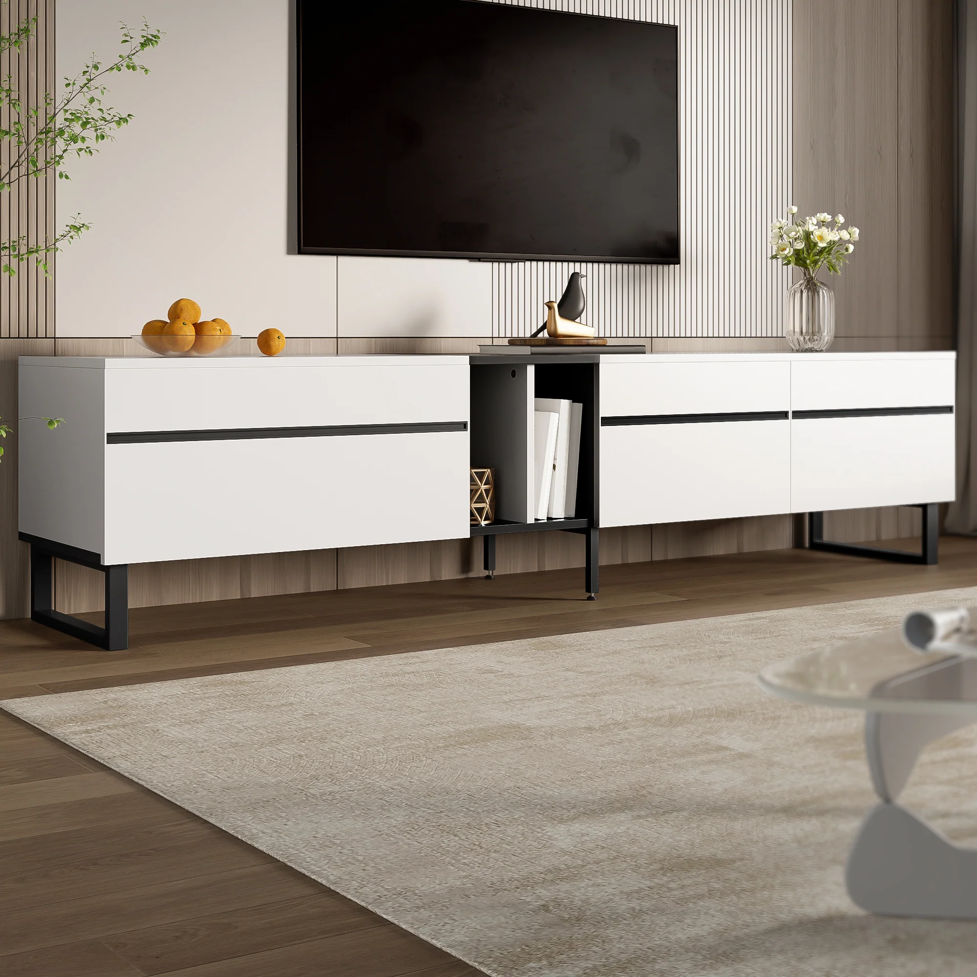 TV Stand 180cm Drop-Down Open Shelves Double Doors - White - Image 8