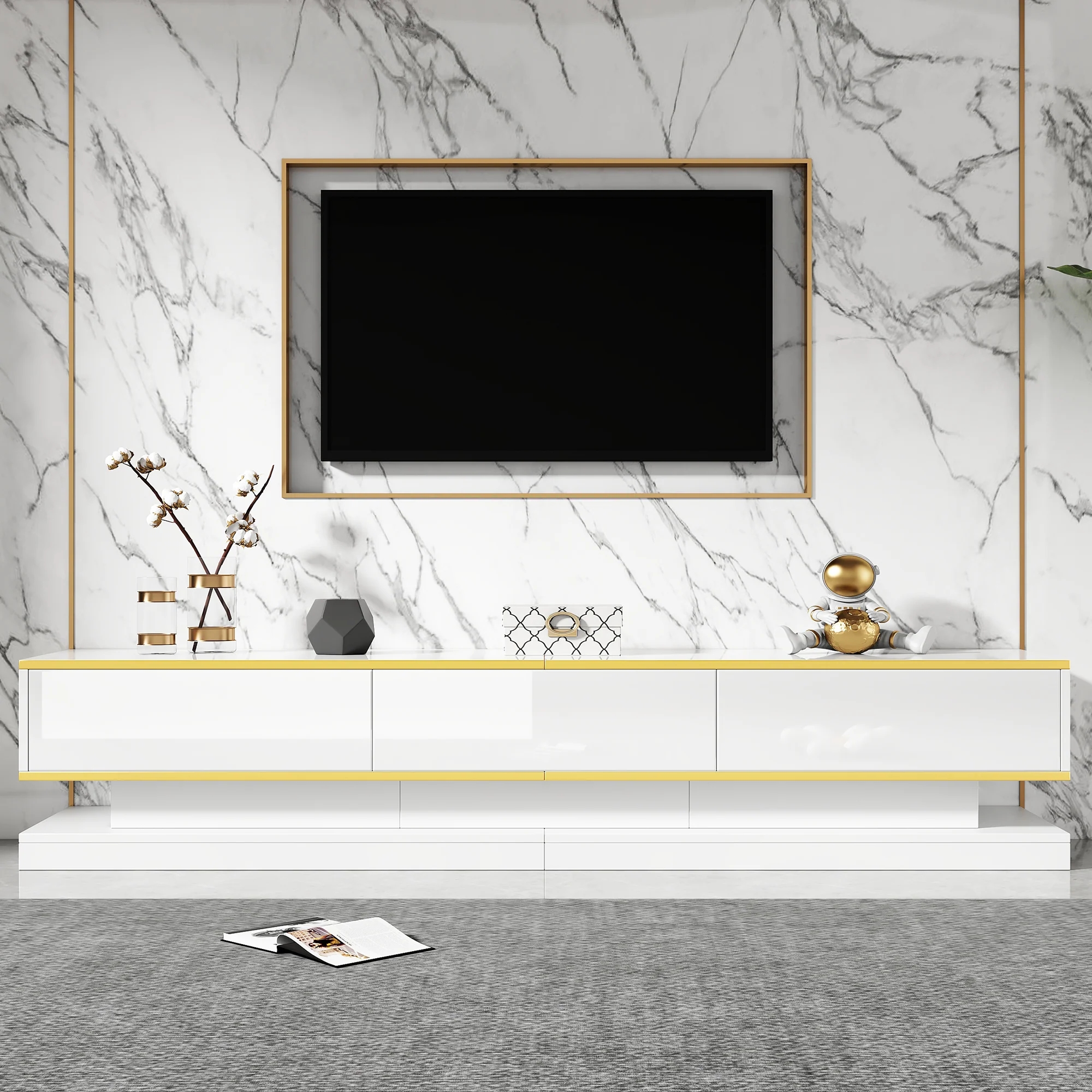 TV Stand & Coffee Table Set with 3-Drawer TV Console & 2-Drawer Coffee Table, White High Gloss & Gold - Image 10