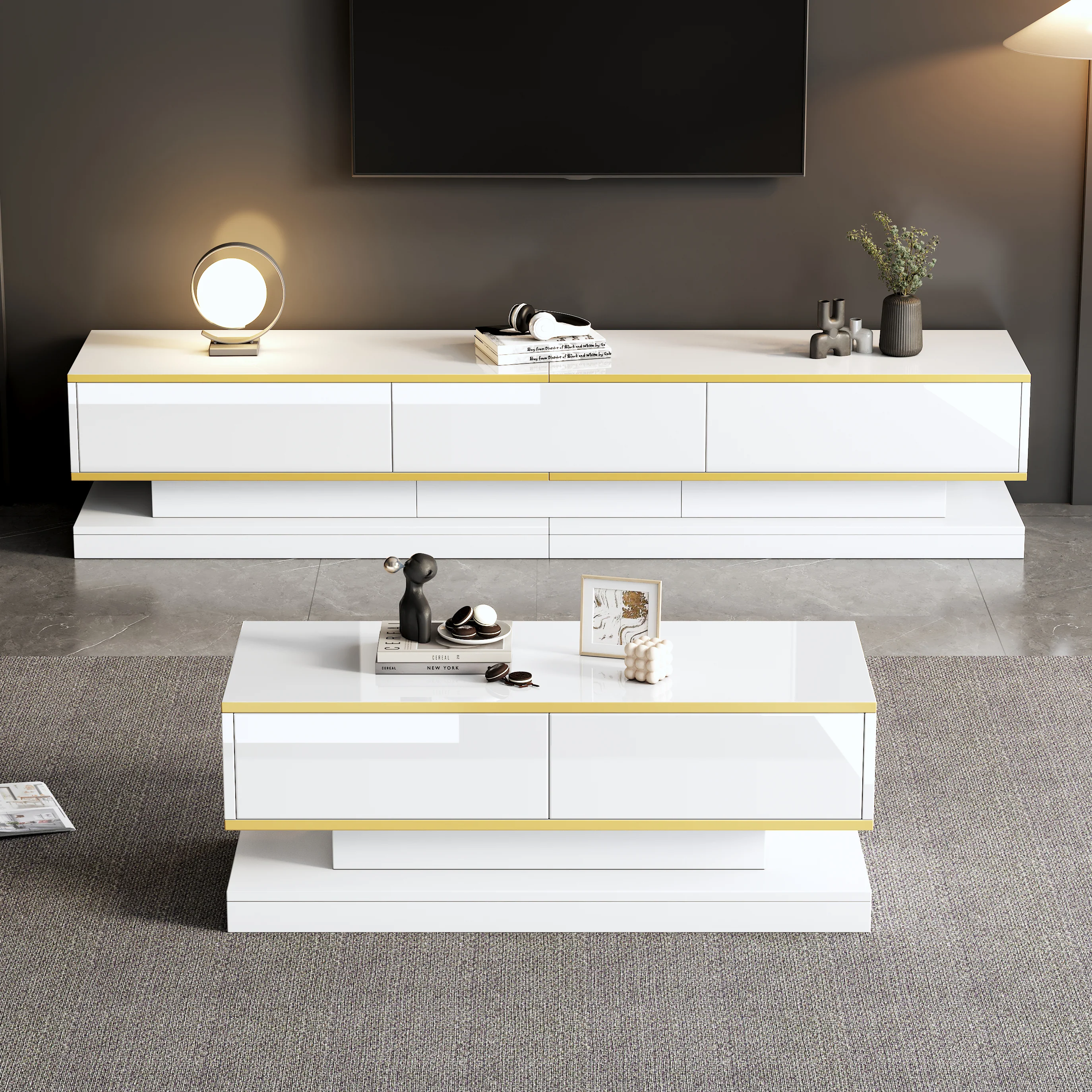 TV Stand & Coffee Table Set with 3-Drawer TV Console & 2-Drawer Coffee Table, White High Gloss & Gold - Image 2
