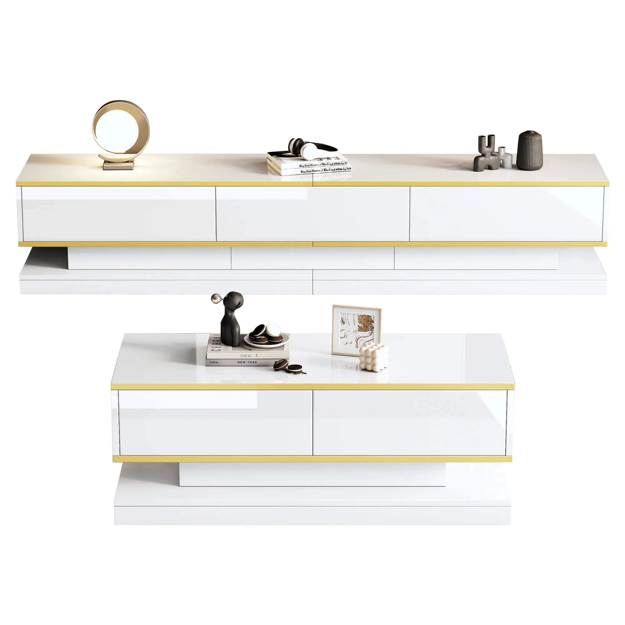 TV Stand & Coffee Table Set with 3-Drawer TV Console & 2-Drawer Coffee Table, White High Gloss & Gold - Image 3