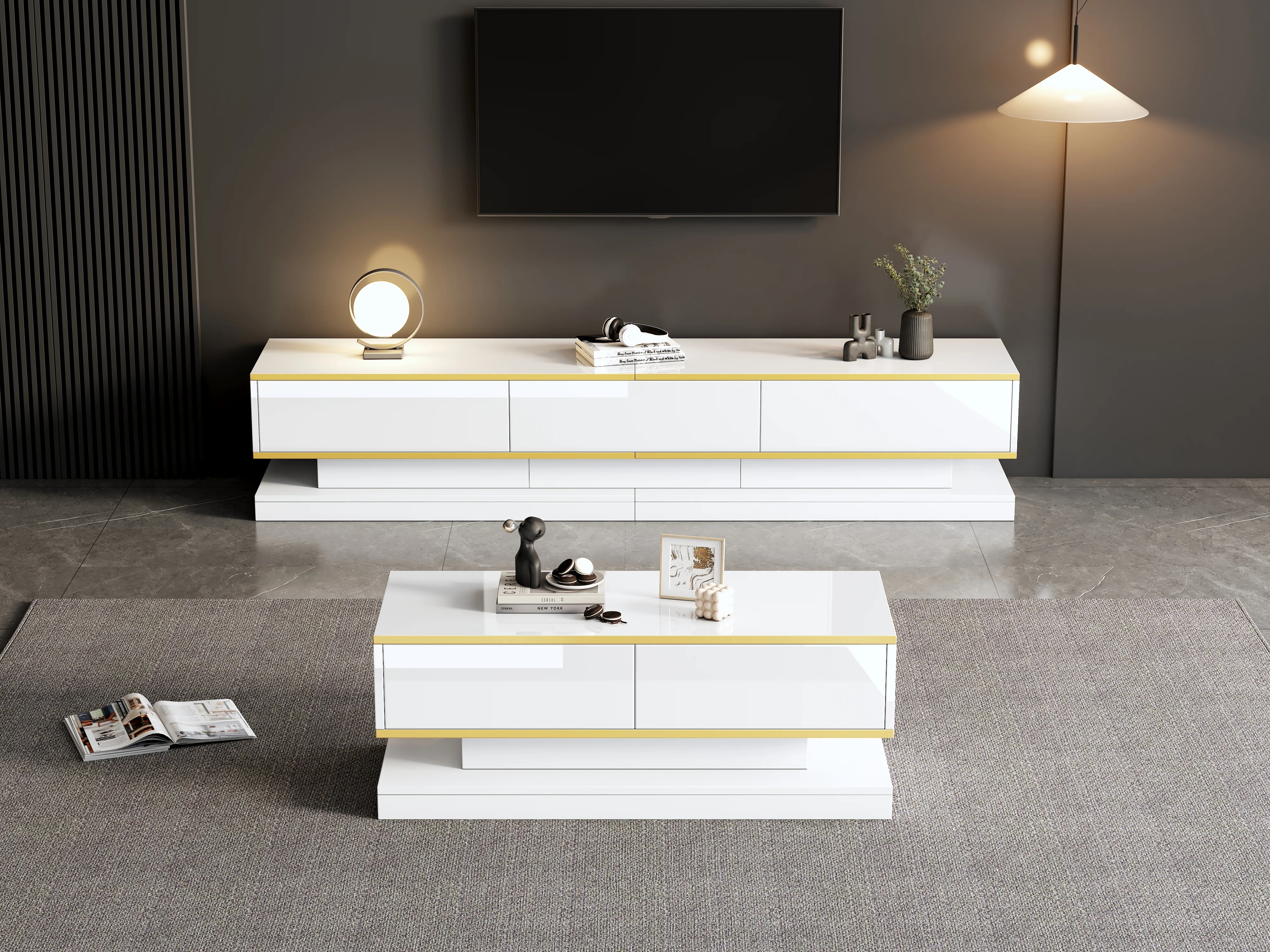 TV Stand & Coffee Table Set with 3-Drawer TV Console & 2-Drawer Coffee Table, White High Gloss & Gold - Image 5
