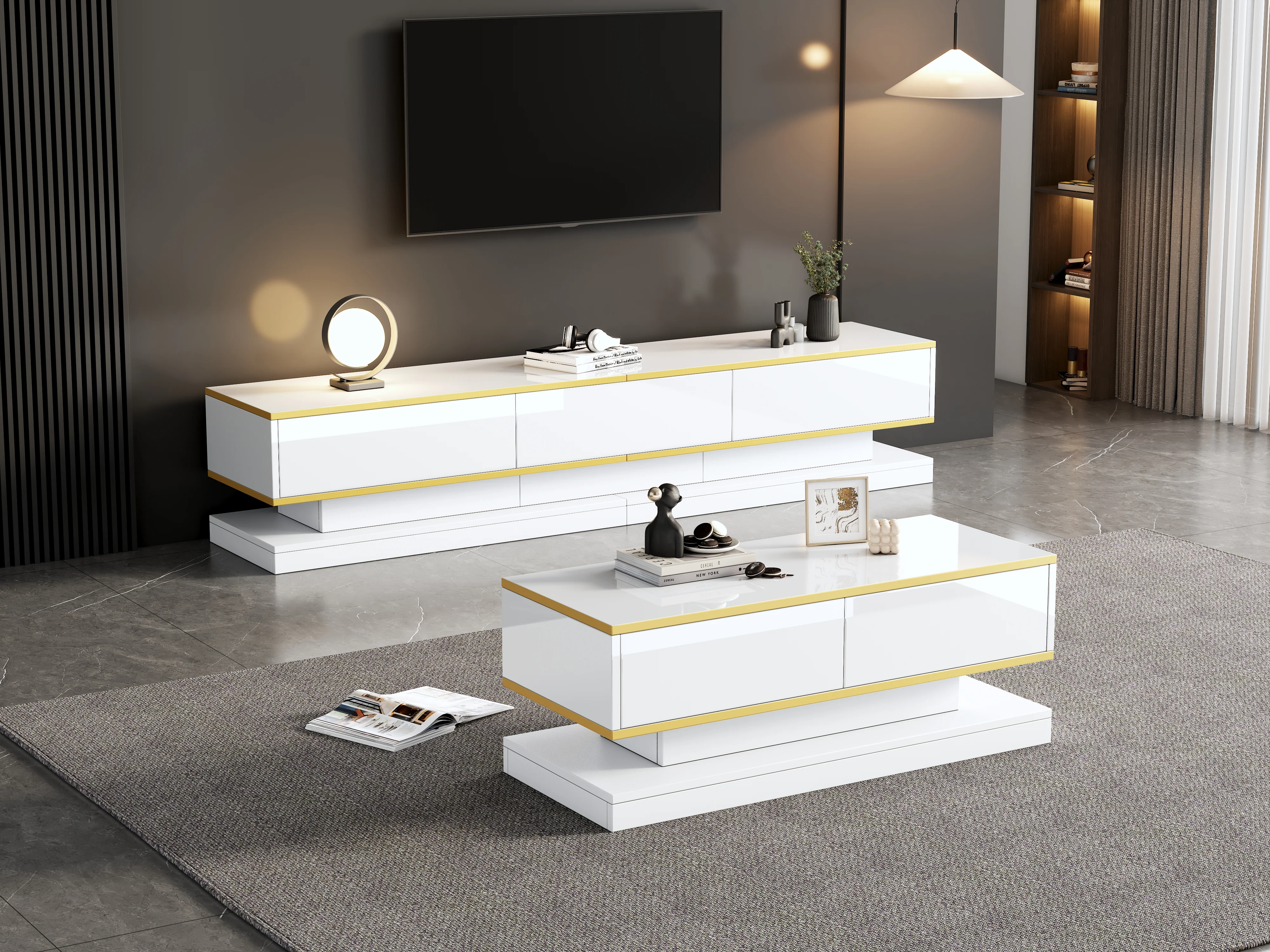 TV Stand & Coffee Table Set with 3-Drawer TV Console & 2-Drawer Coffee Table, White High Gloss & Gold - Image 6