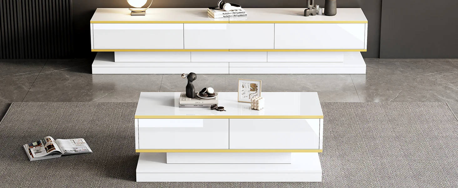 TV Stand & Coffee Table Set with 3-Drawer TV Console & 2-Drawer Coffee Table, White High Gloss & Gold - Image 7