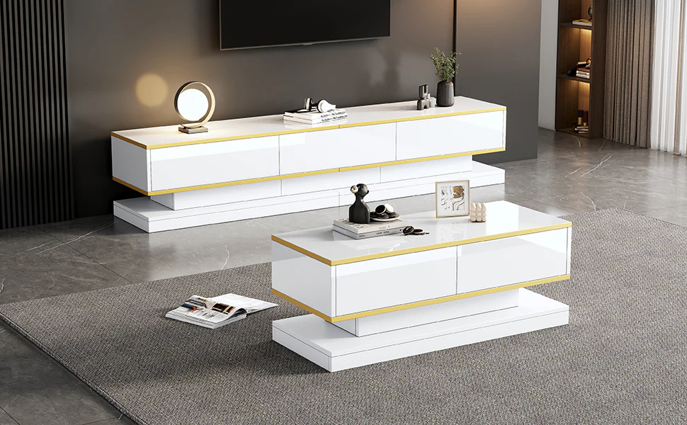 TV Stand & Coffee Table Set with 3-Drawer TV Console & 2-Drawer Coffee Table, White High Gloss & Gold - Image 8