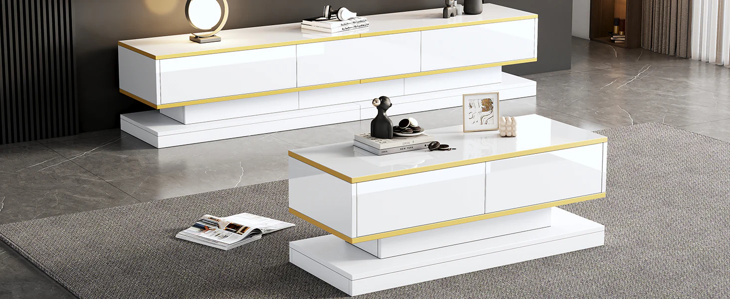TV Stand & Coffee Table Set with 3-Drawer TV Console & 2-Drawer Coffee Table, White High Gloss & Gold - Image 9