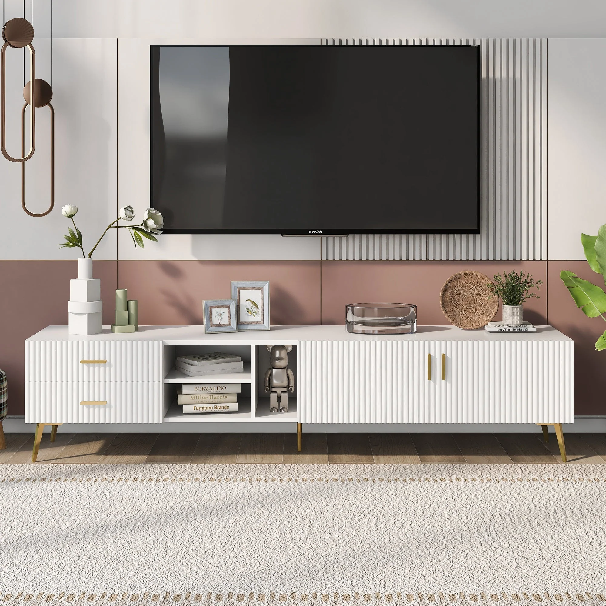TV Stand for 75-inch TVs, Lowboard Entertainment Center with Storage, Modern White
