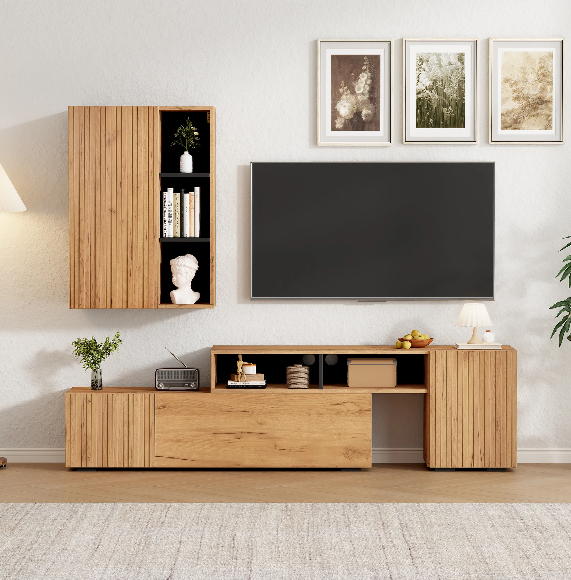 TV Wall Unit Set, 2-Piece Media & Display Cabinet, up to 120" TV, Wood & Black