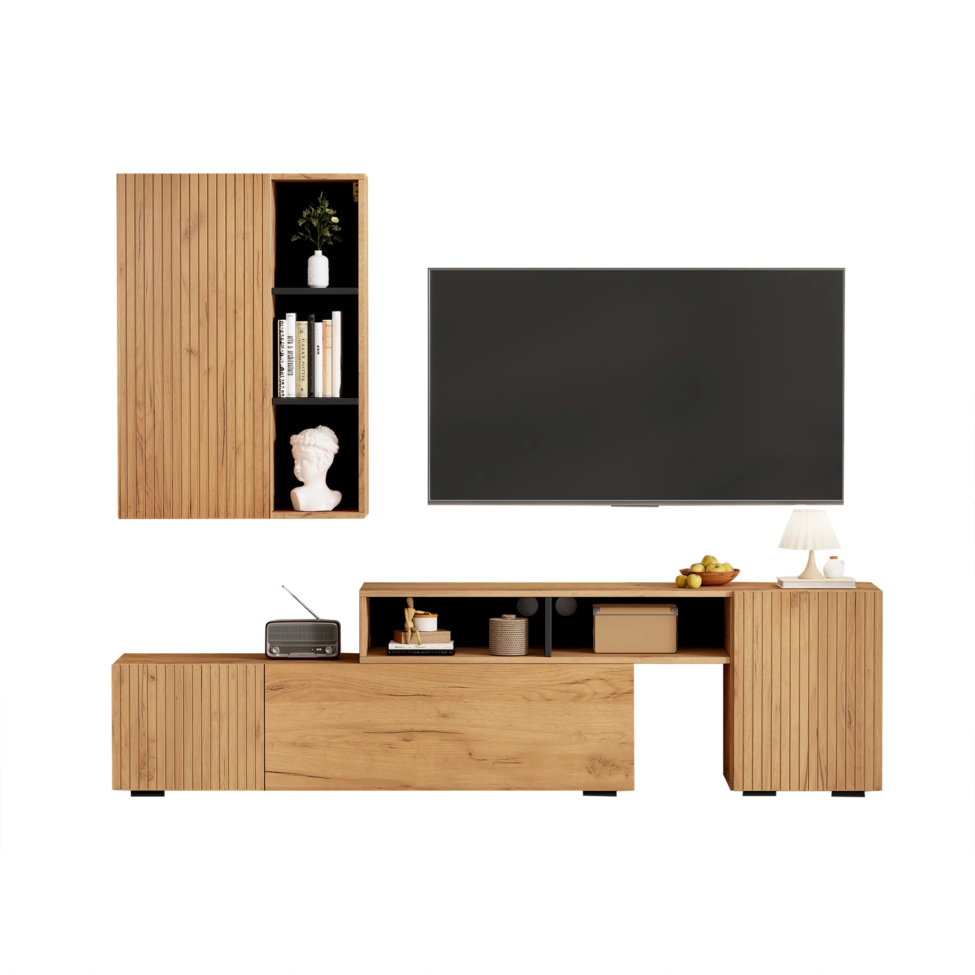 TV Wall Unit Set, 2-Piece Media & Display Cabinet, up to 120" TV, Wood & Black - Image 10