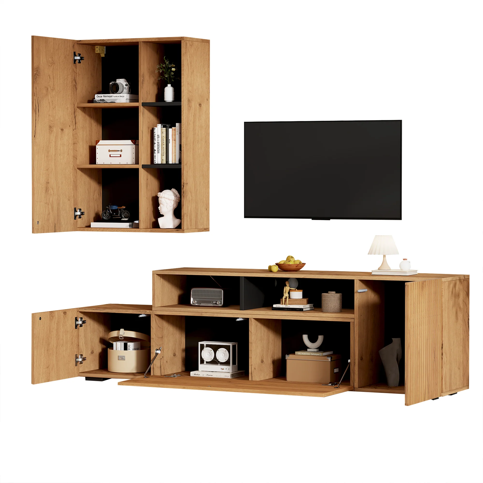 TV Wall Unit Set, 2-Piece Media & Display Cabinet, up to 120" TV, Wood & Black - Image 2