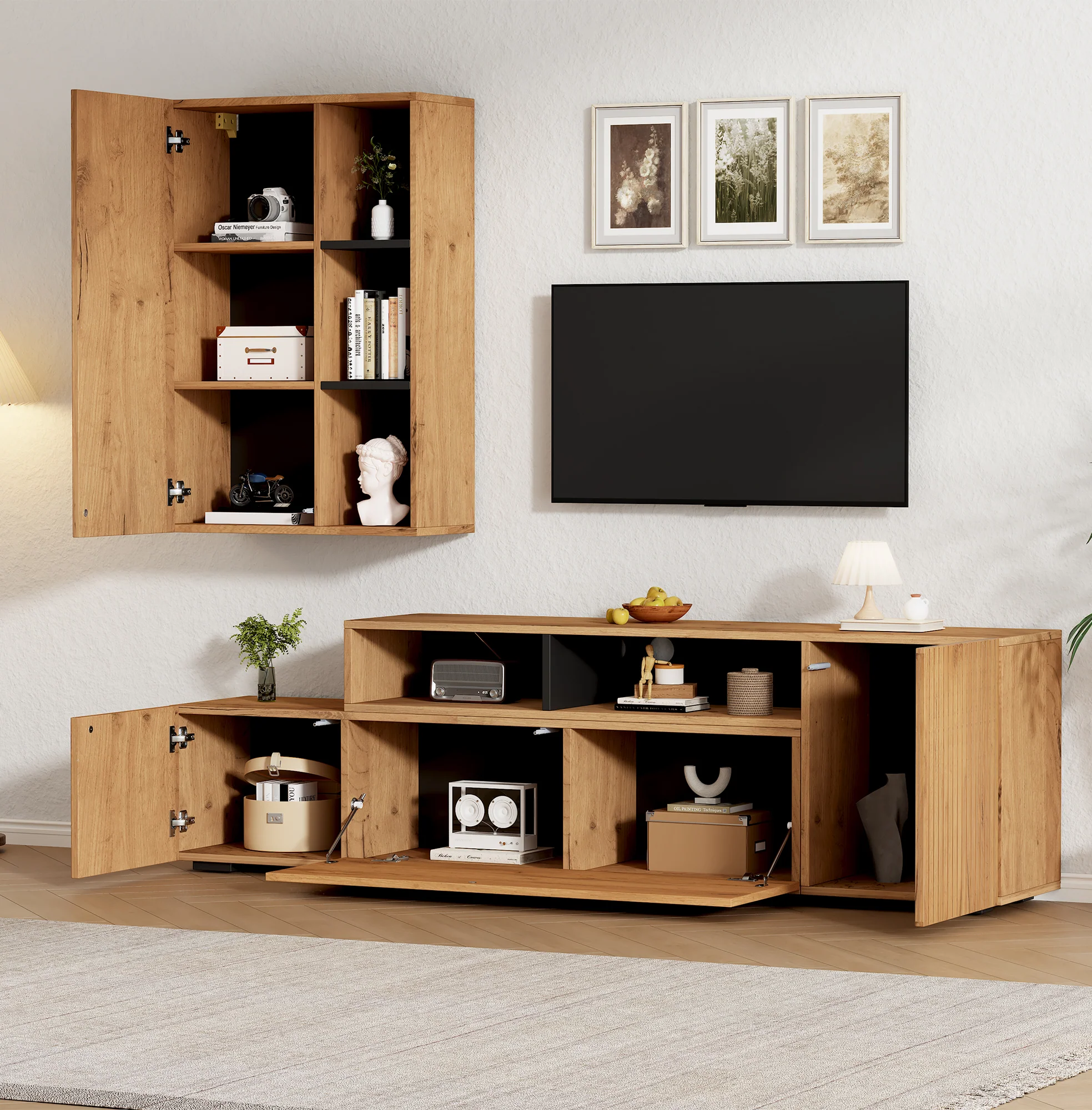 TV Wall Unit Set, 2-Piece Media & Display Cabinet, up to 120" TV, Wood & Black - Image 3