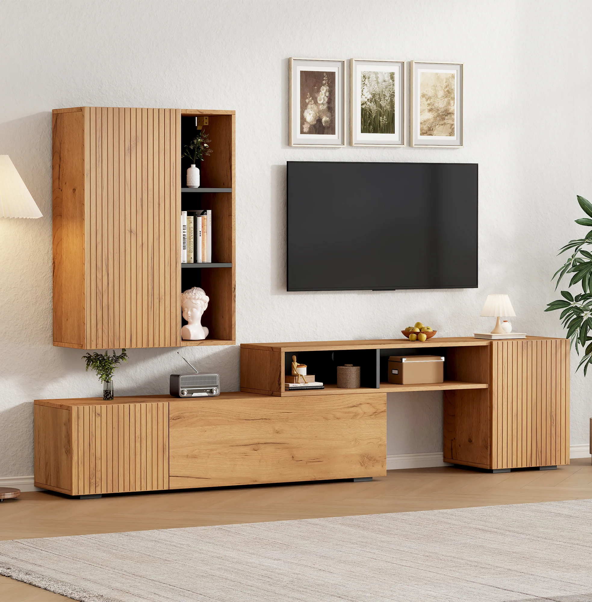 TV Wall Unit Set, 2-Piece Media & Display Cabinet, up to 120" TV, Wood & Black - Image 4