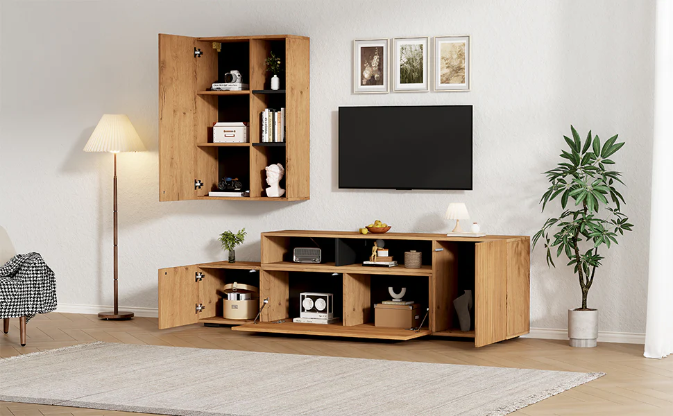 TV Wall Unit Set, 2-Piece Media & Display Cabinet, up to 120" TV, Wood & Black - Image 5