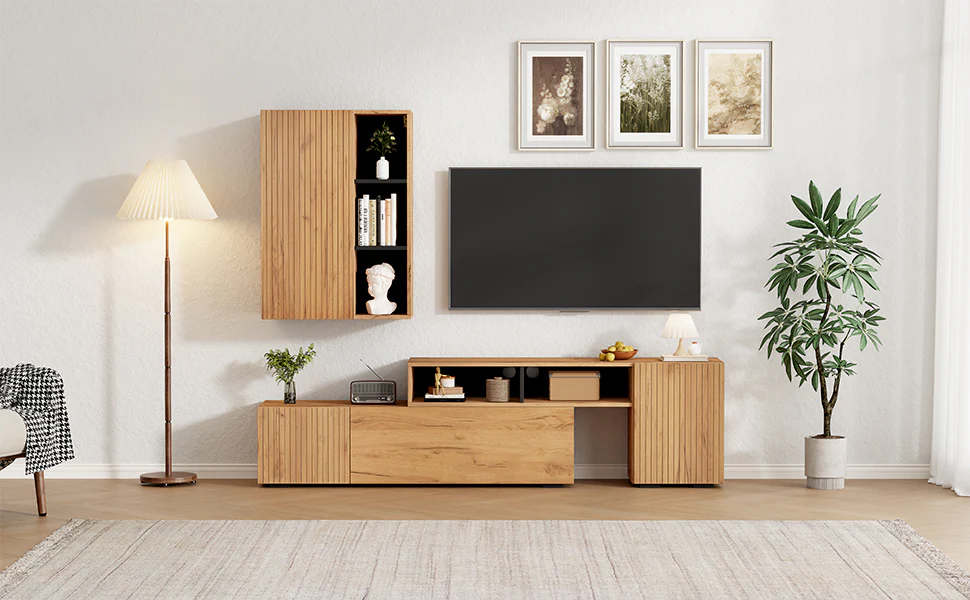 TV Wall Unit Set, 2-Piece Media & Display Cabinet, up to 120" TV, Wood & Black - Image 6