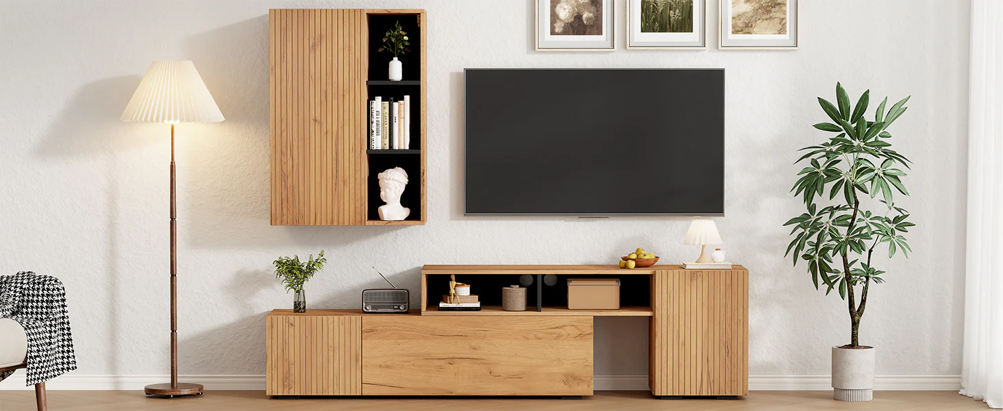 TV Wall Unit Set, 2-Piece Media & Display Cabinet, up to 120" TV, Wood & Black - Image 7