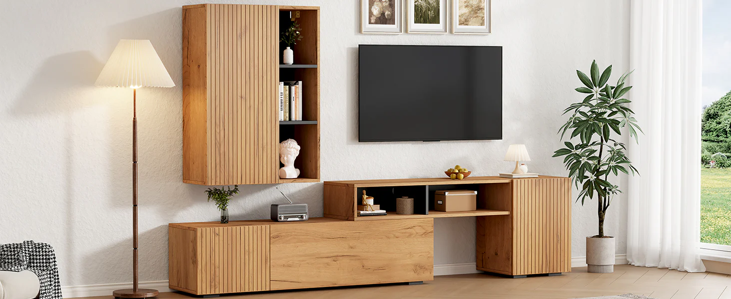 TV Wall Unit Set, 2-Piece Media & Display Cabinet, up to 120" TV, Wood & Black - Image 8