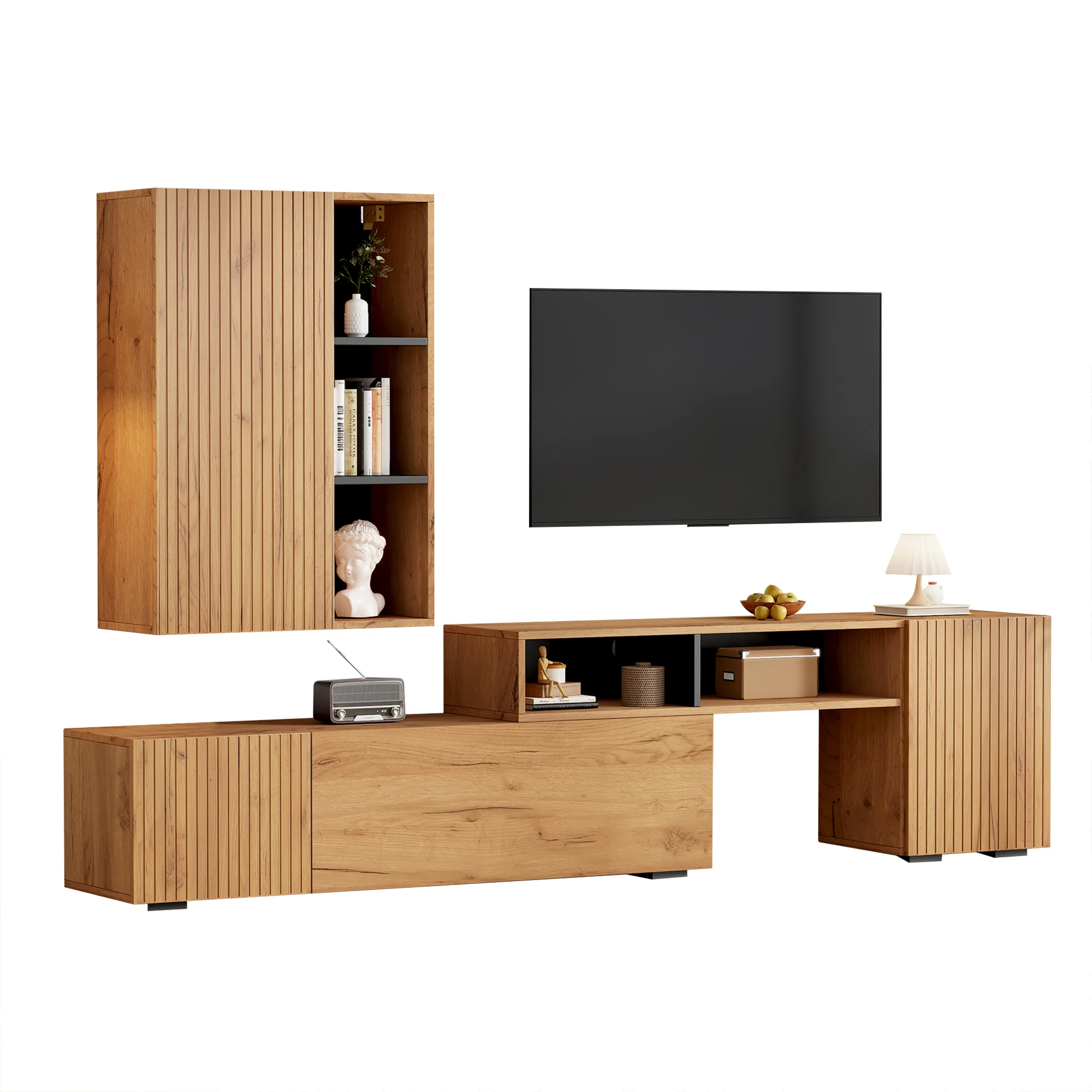 TV Wall Unit Set, 2-Piece Media & Display Cabinet, up to 120" TV, Wood & Black - Image 9