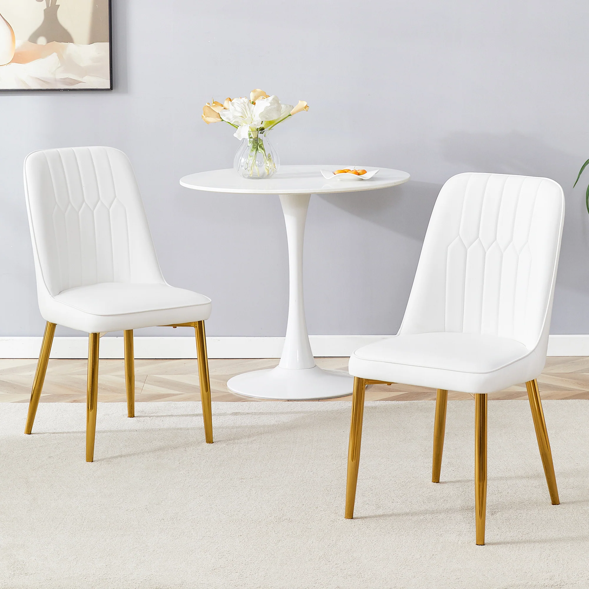 Two Dining Chairs Modern Minimalist Faux Leather - White - Image 4