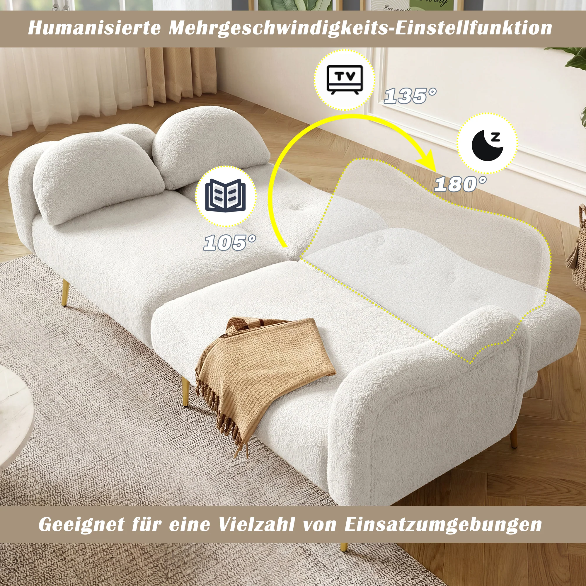 Two-Seater Sofa Bed Adjustable Backrest Gold Metal Feet - Image 4