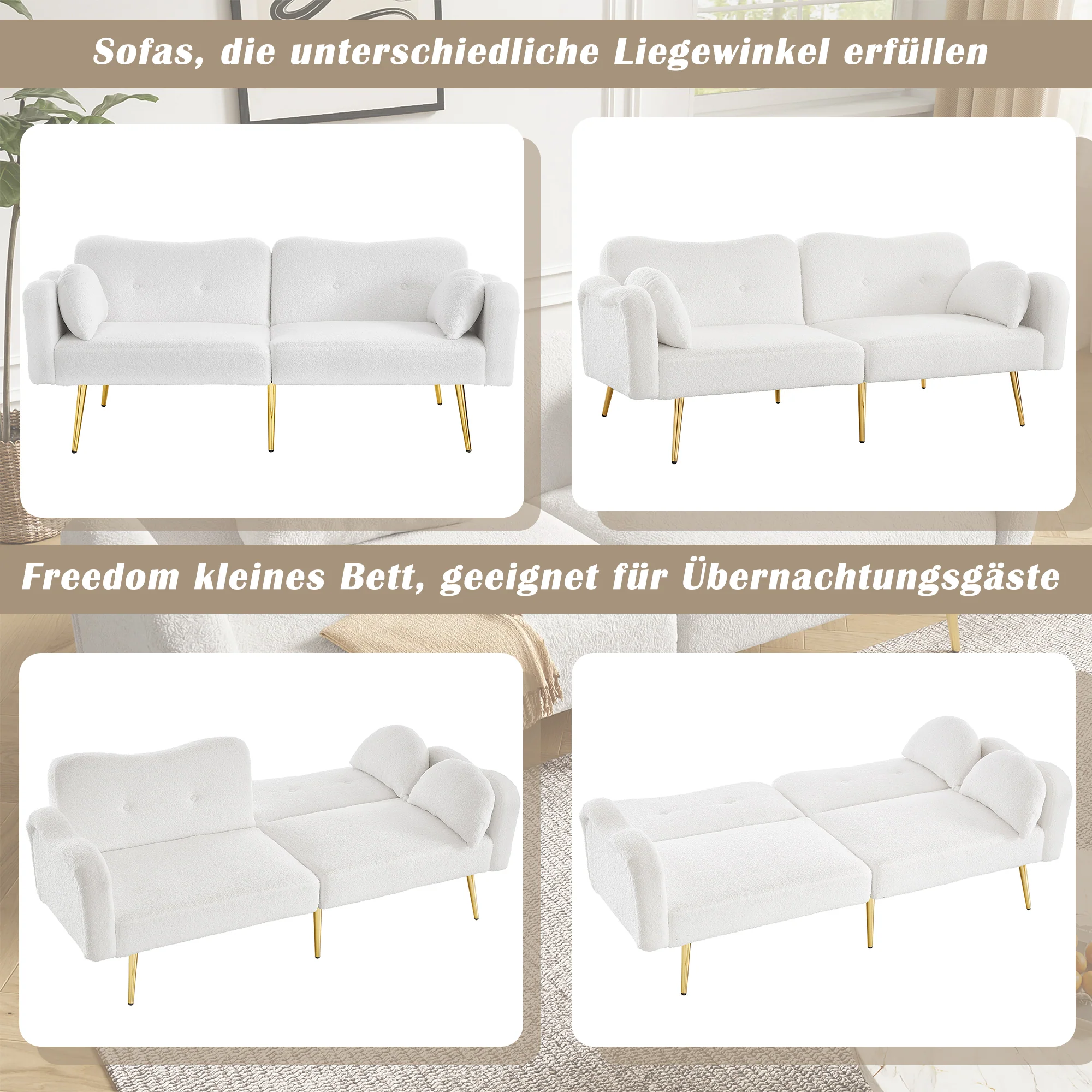 Two-Seater Sofa Bed Adjustable Backrest Gold Metal Feet - Image 7