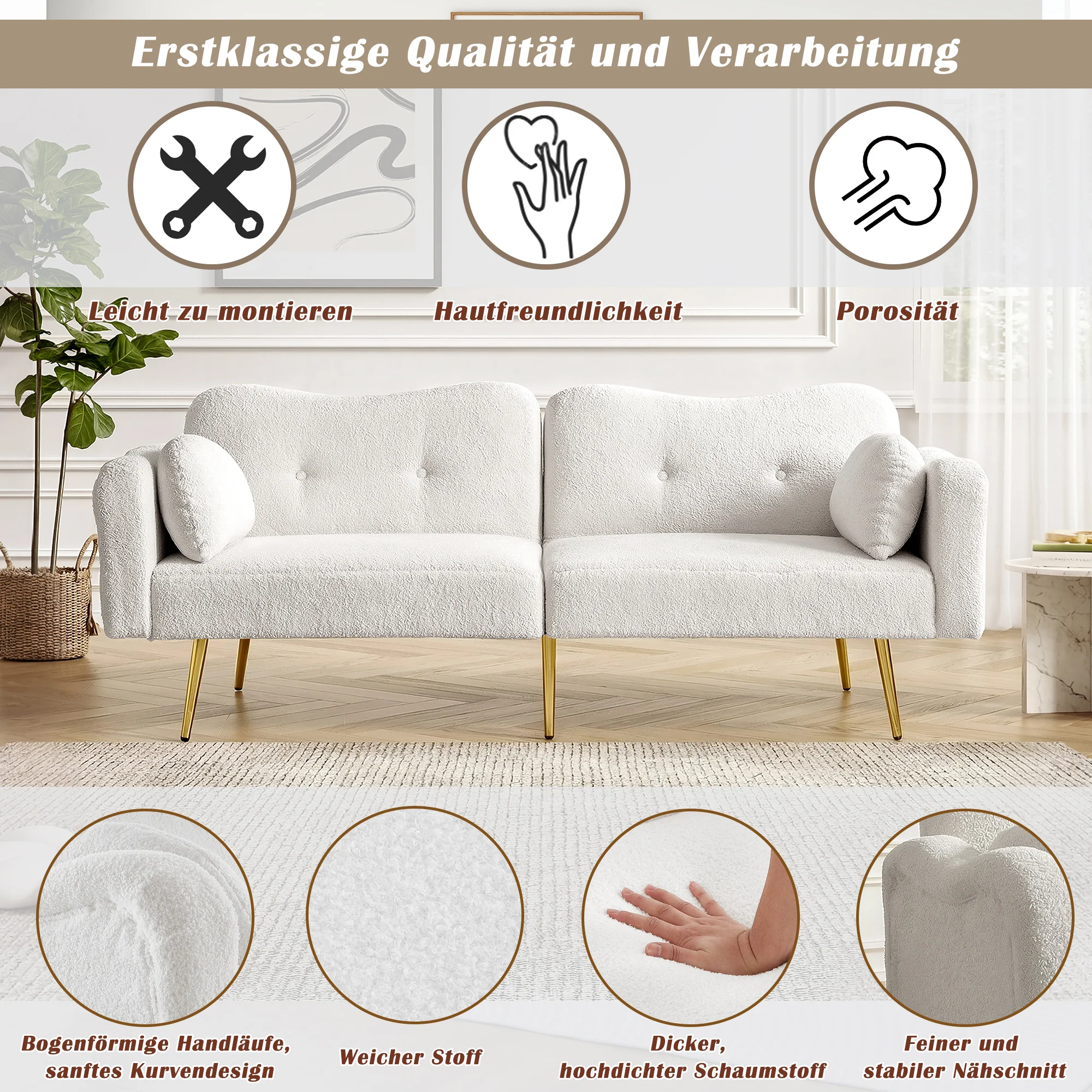 Two-Seater Sofa Bed Adjustable Backrest Gold Metal Feet - Image 8