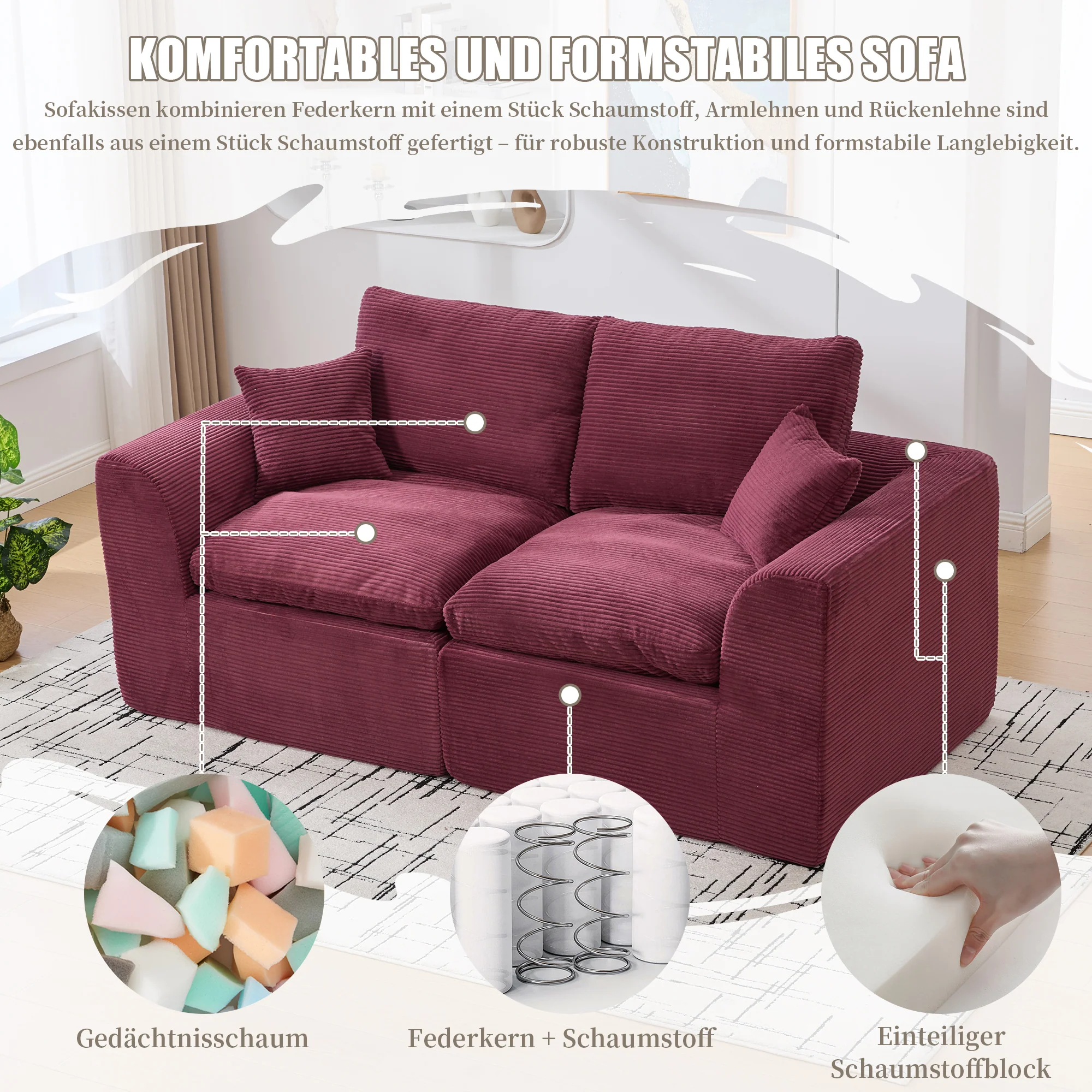 Two-seater Sofa Modern Minimalist Nordic with Cushions - Fabric - Image 2