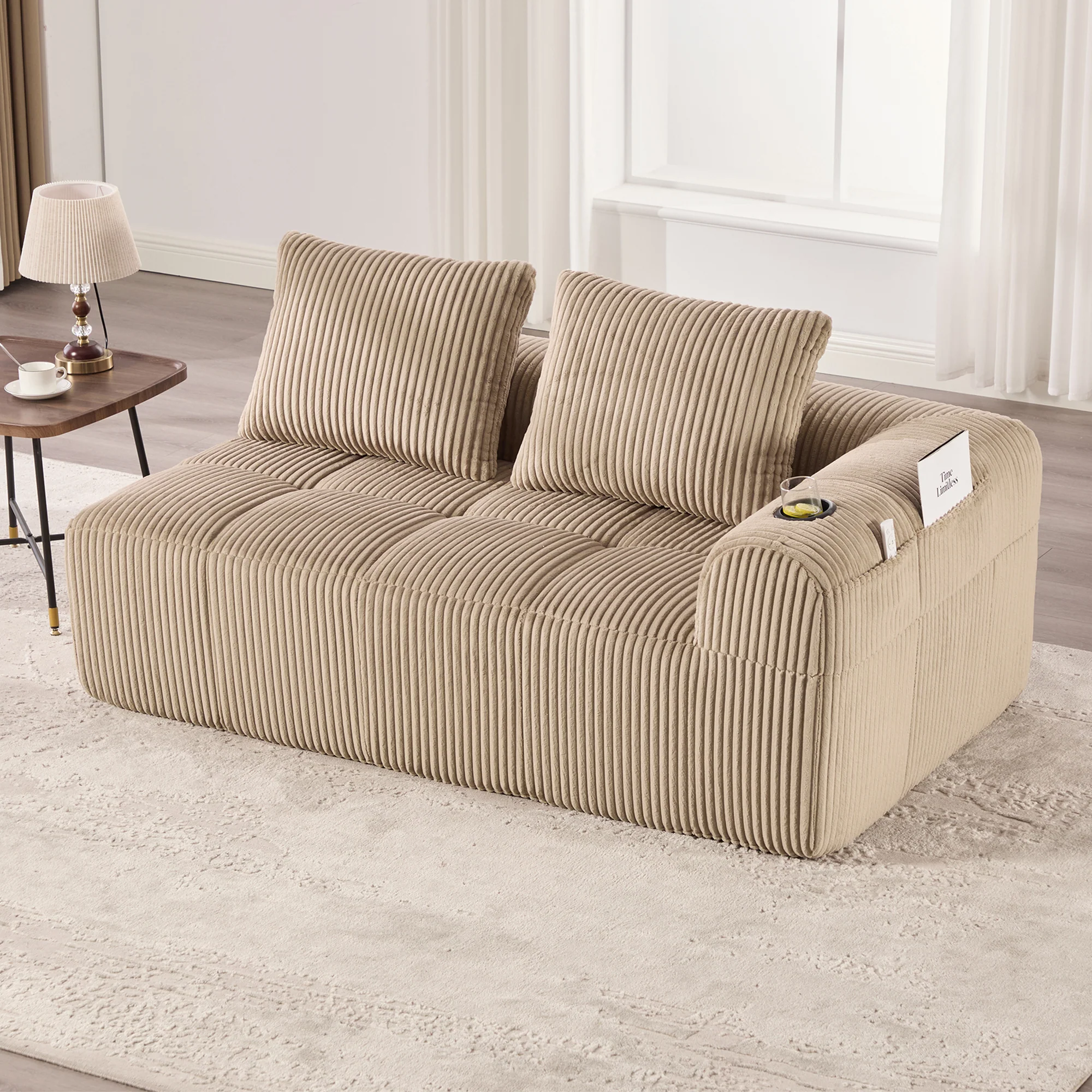 Two-Seater Sofa - No Assembly Storage Pocket Drink Holder - Corduroy