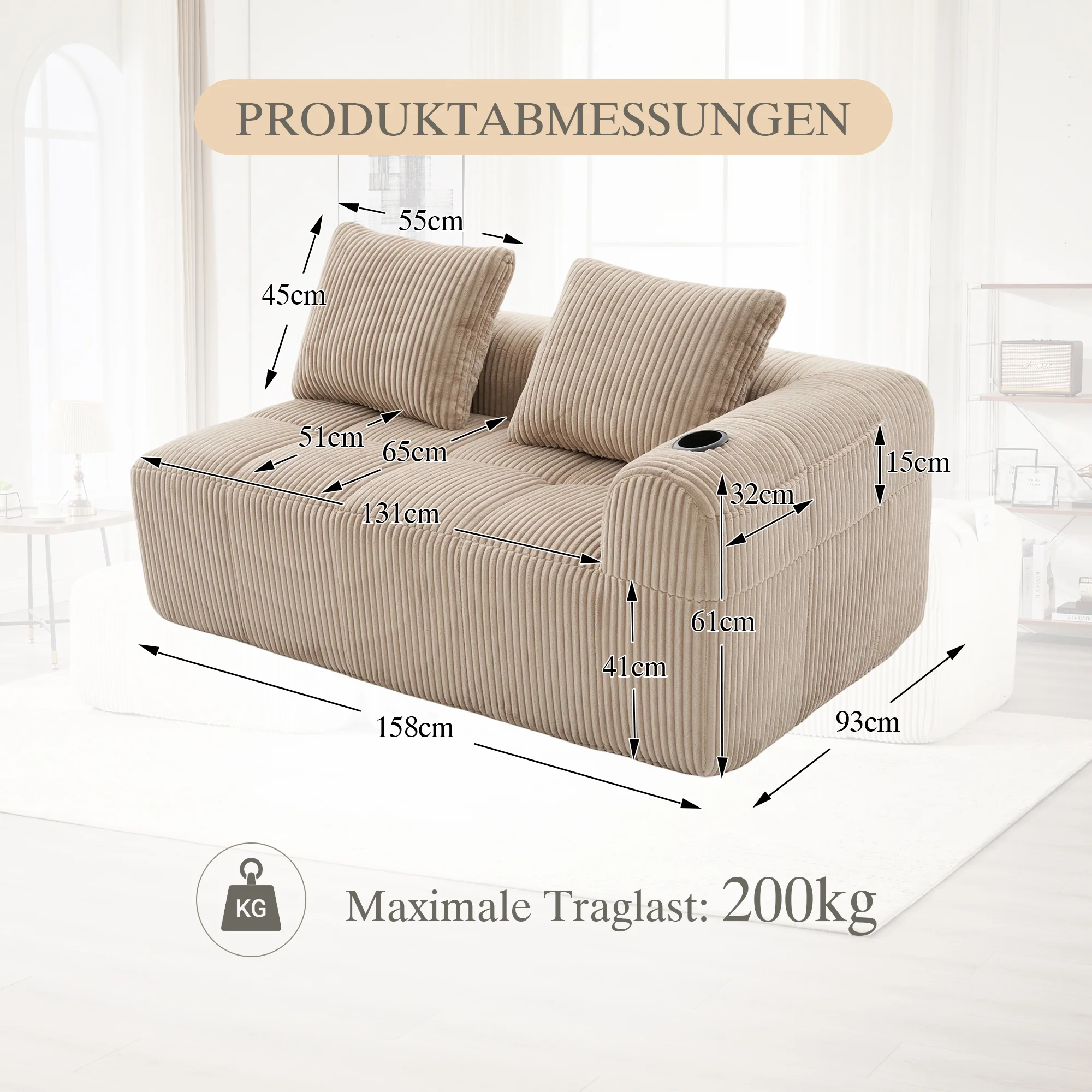 Two-Seater Sofa - No Assembly Storage Pocket Drink Holder - Corduroy - Image 2
