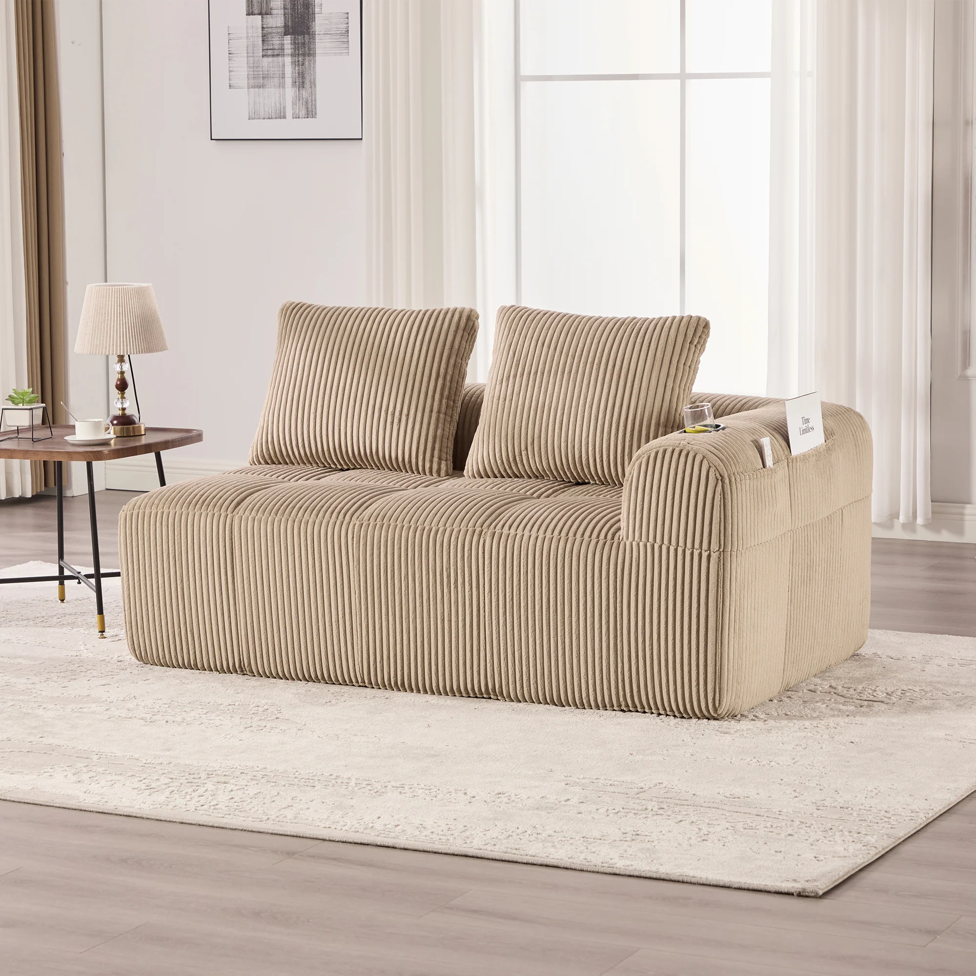 Two-Seater Sofa - No Assembly Storage Pocket Drink Holder - Corduroy - Image 3