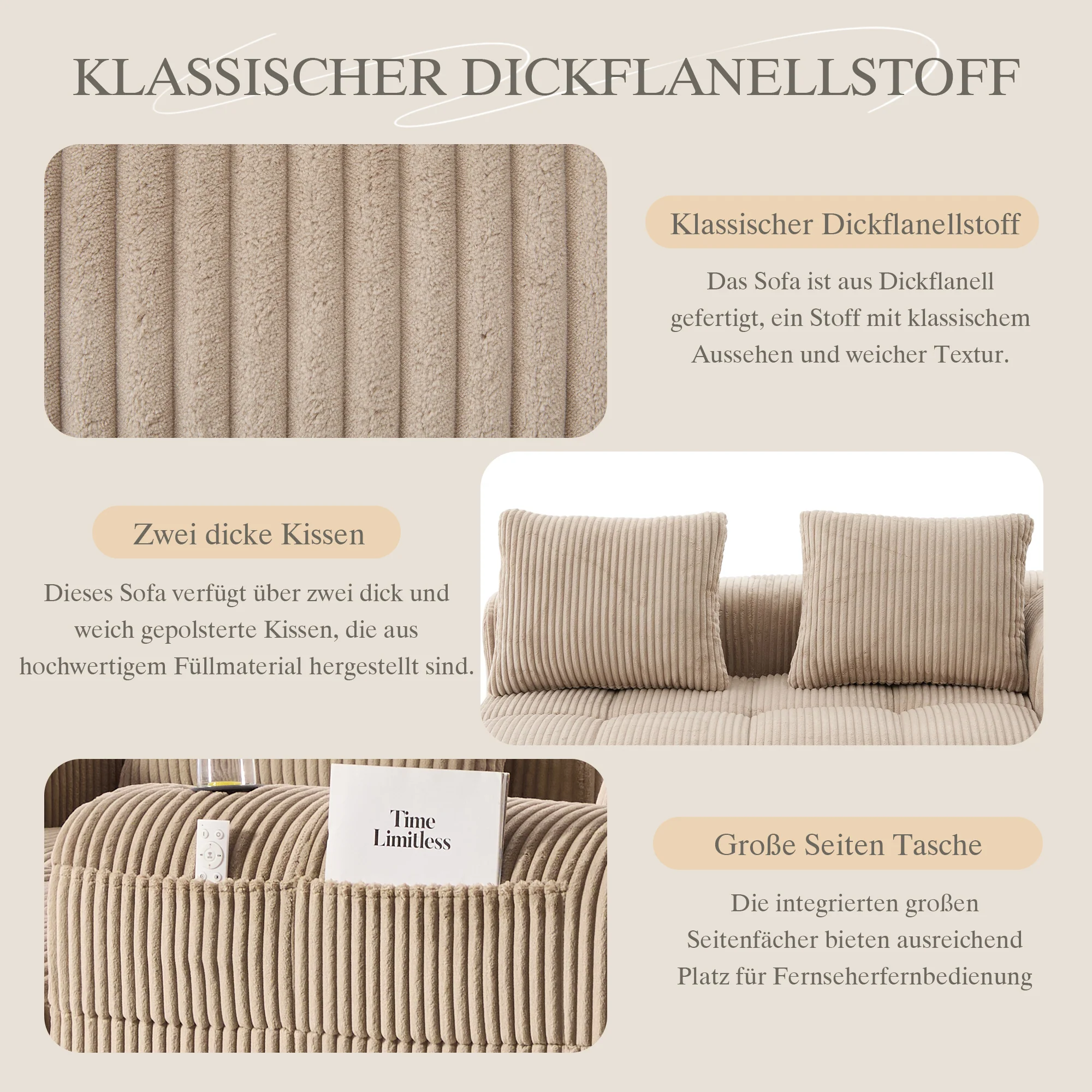 Two-Seater Sofa - No Assembly Storage Pocket Drink Holder - Corduroy - Image 4