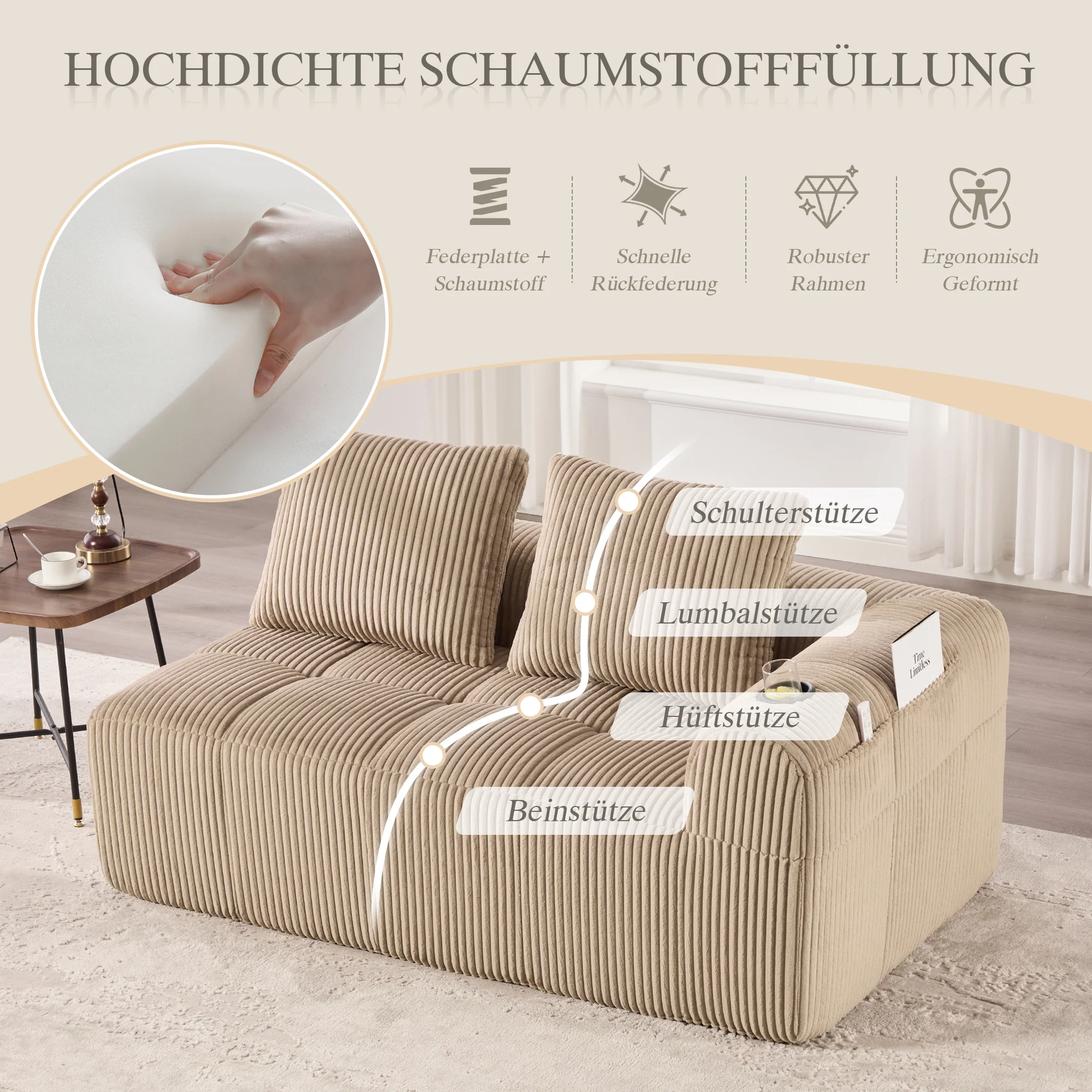 Two-Seater Sofa - No Assembly Storage Pocket Drink Holder - Corduroy - Image 5