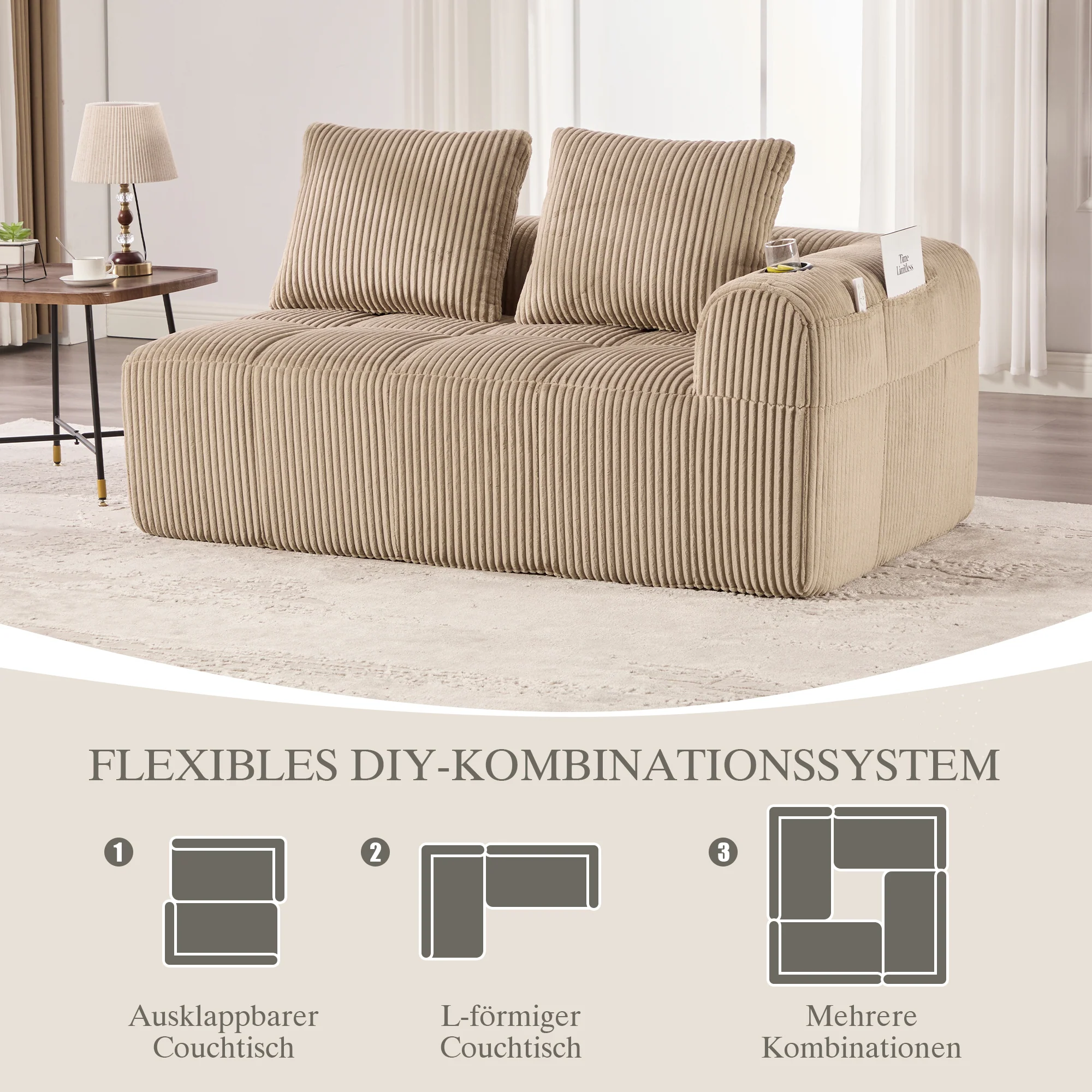 Two-Seater Sofa - No Assembly Storage Pocket Drink Holder - Corduroy - Image 7