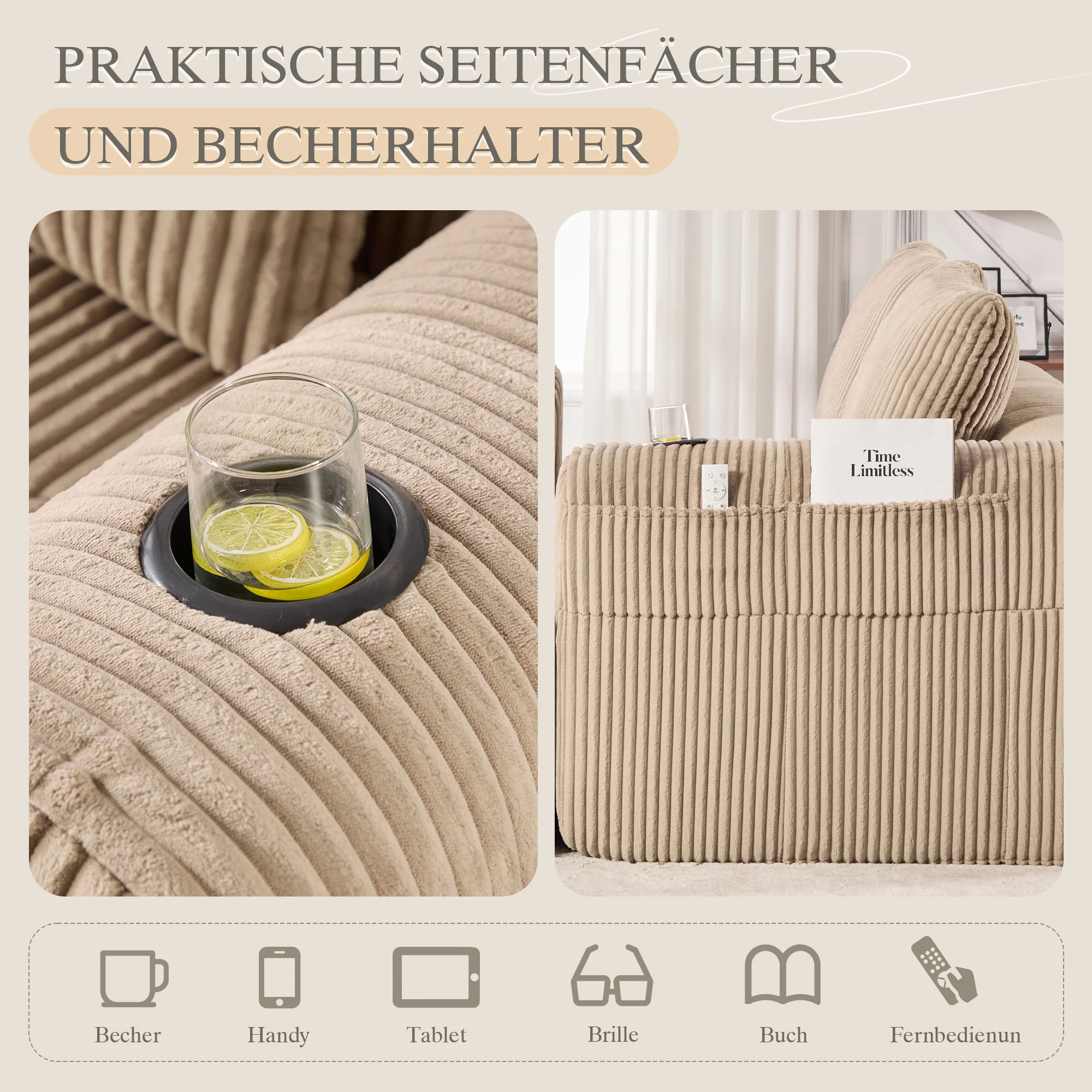 Two-Seater Sofa - No Assembly Storage Pocket Drink Holder - Corduroy - Image 8