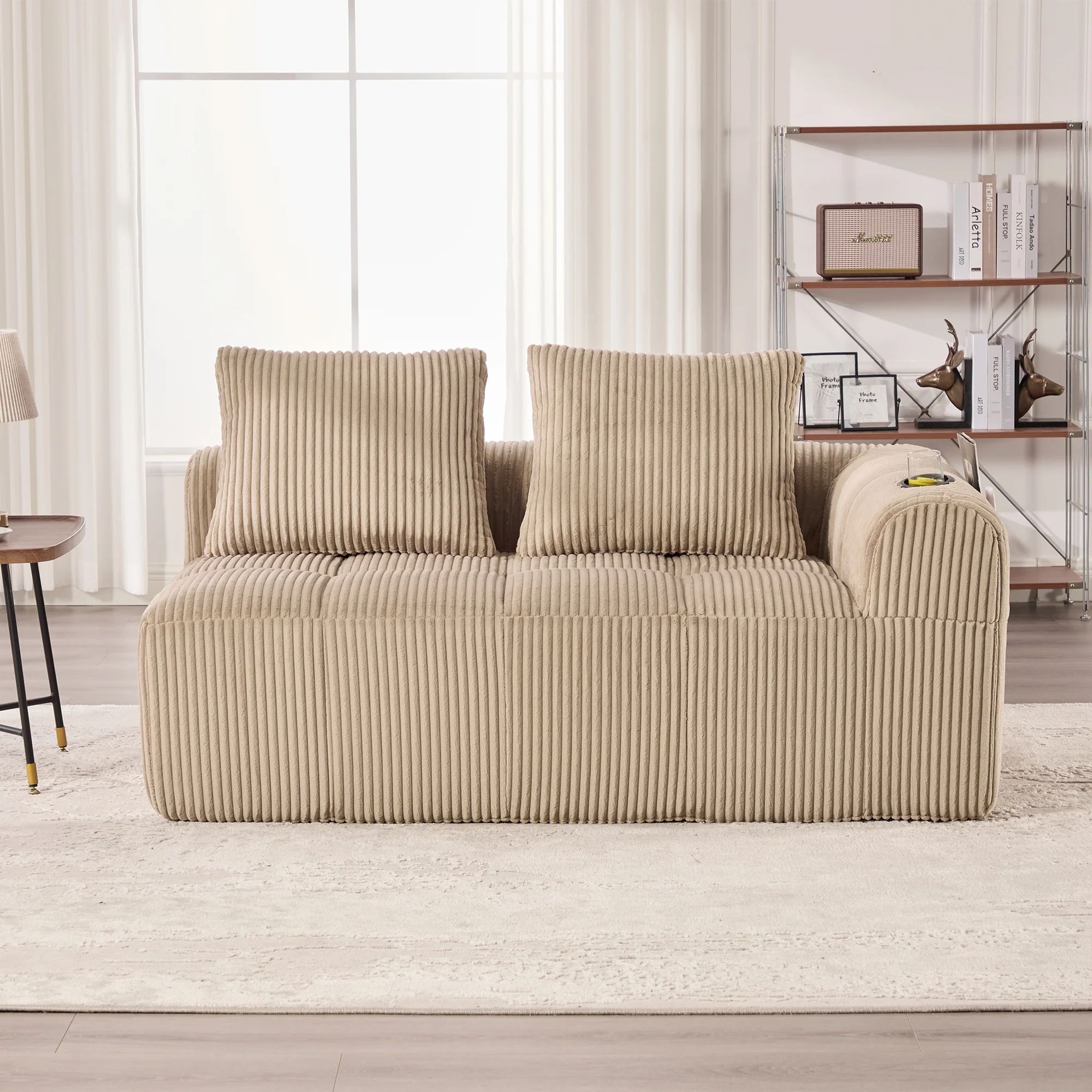 Two-Seater Sofa - No Assembly Storage Pocket Drink Holder - Corduroy - Image 9