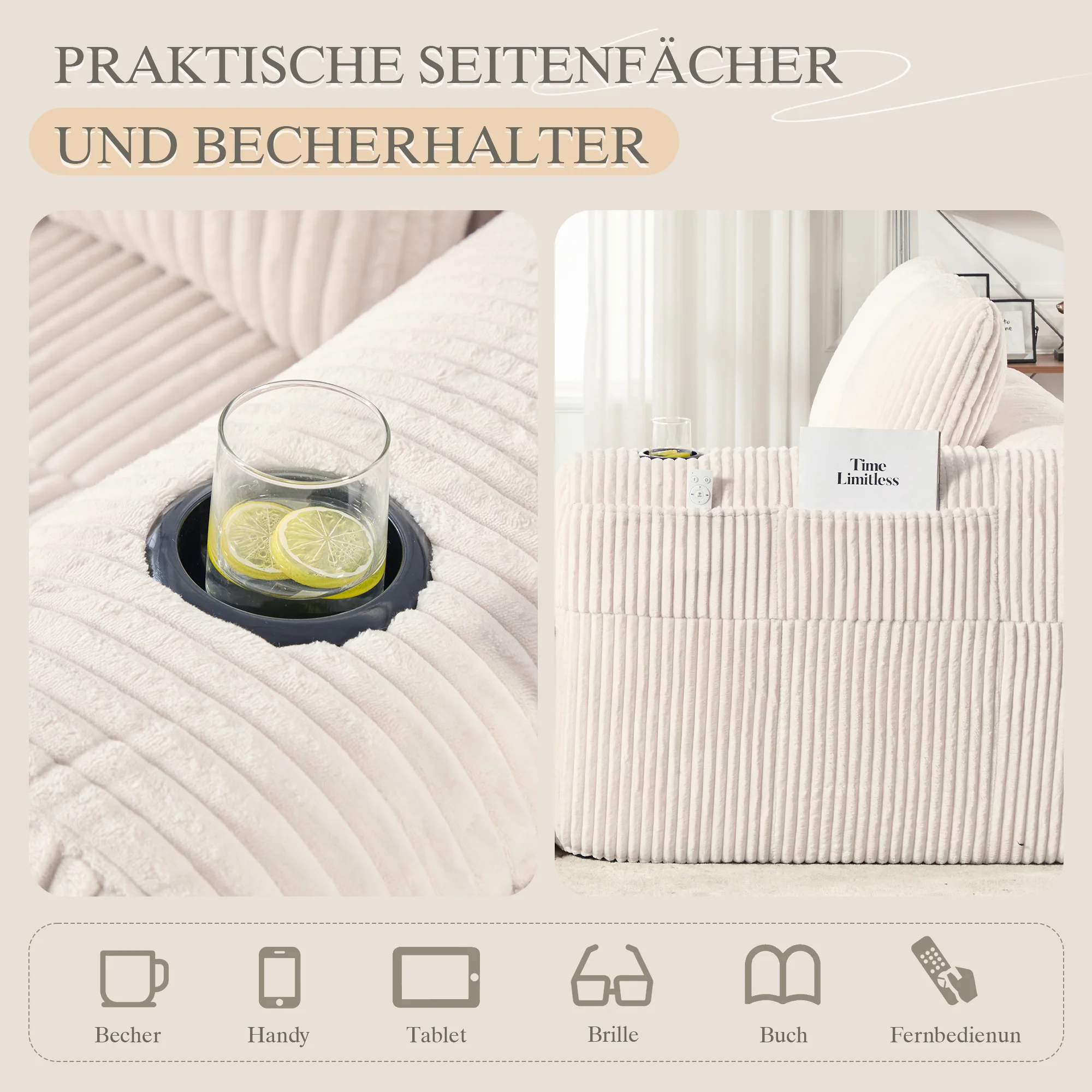 Two-Seater Sofa Storage Pocket Drink Holder - Corduroy - Image 8
