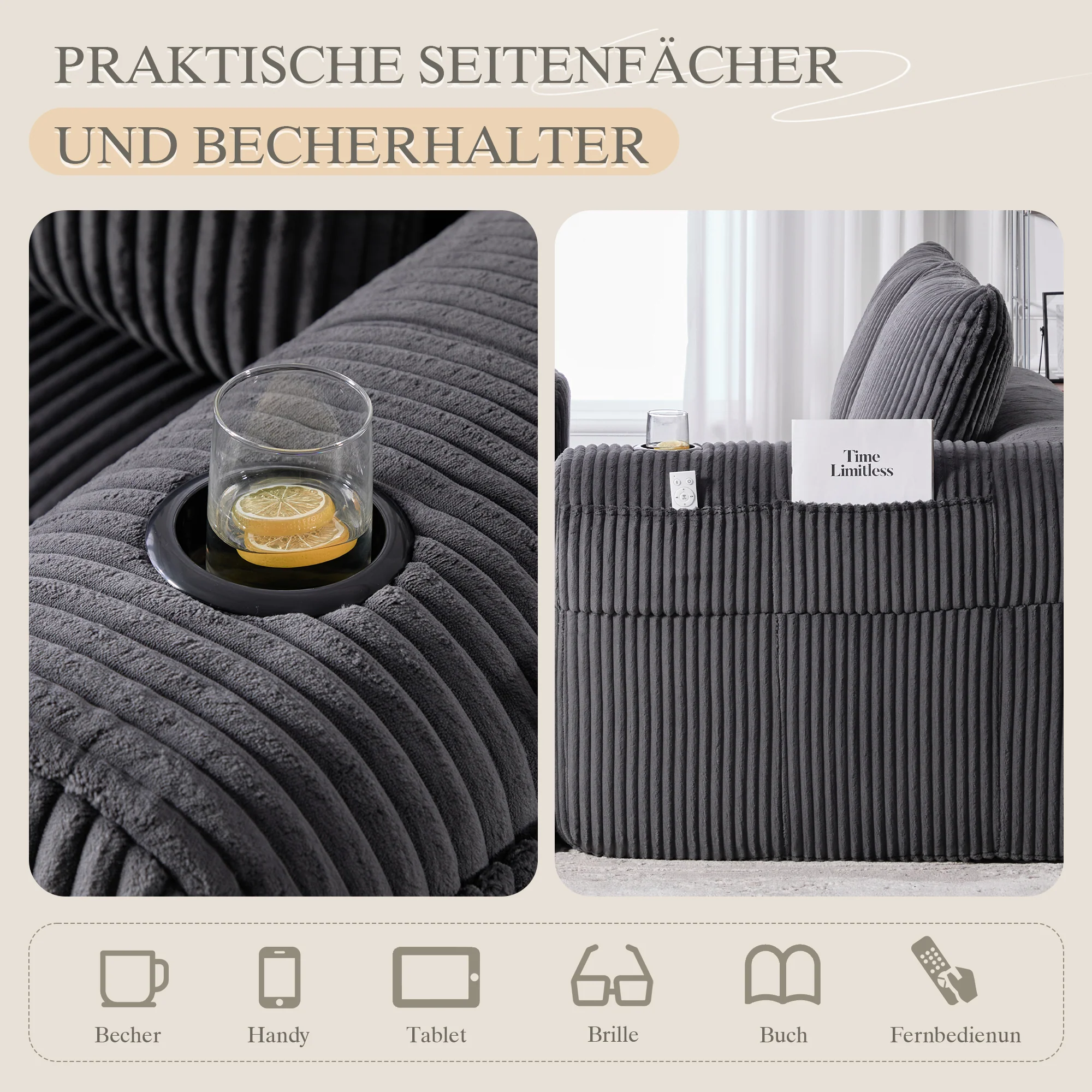 Two-Seater Sofa with Storage Pocket & Drink Holder - Corduroy - Image 10