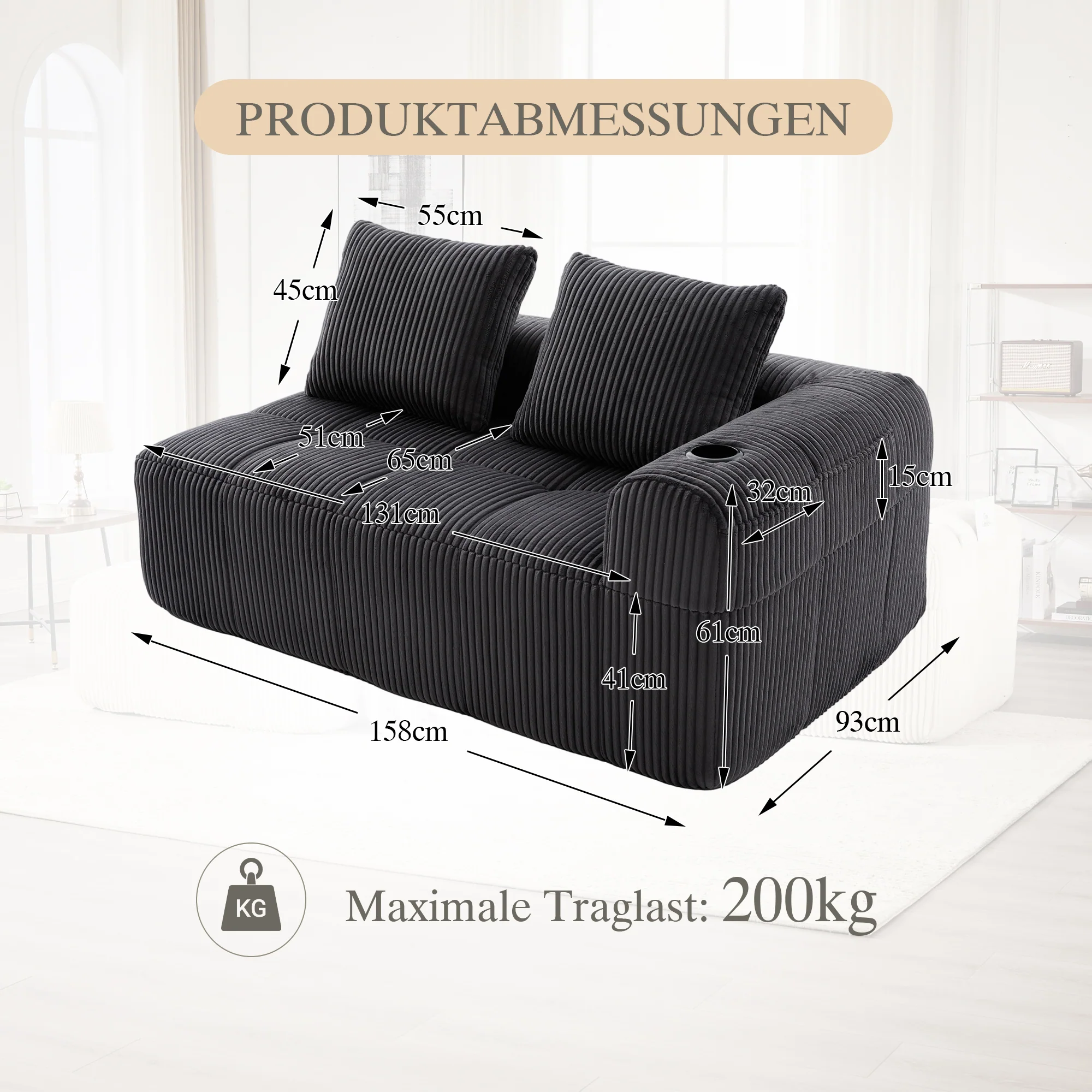 Two-Seater Sofa with Storage Pocket & Drink Holder - Corduroy - Image 2