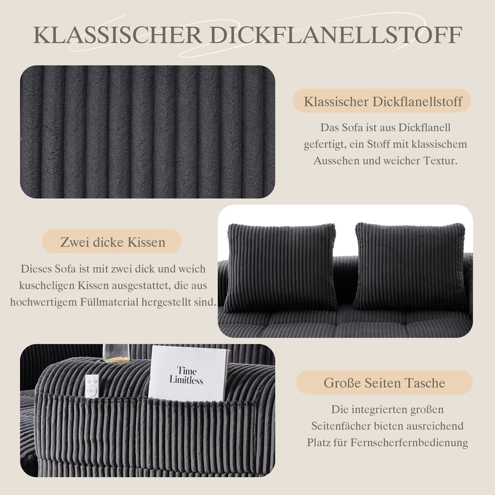 Two-Seater Sofa with Storage Pocket & Drink Holder - Corduroy - Image 4