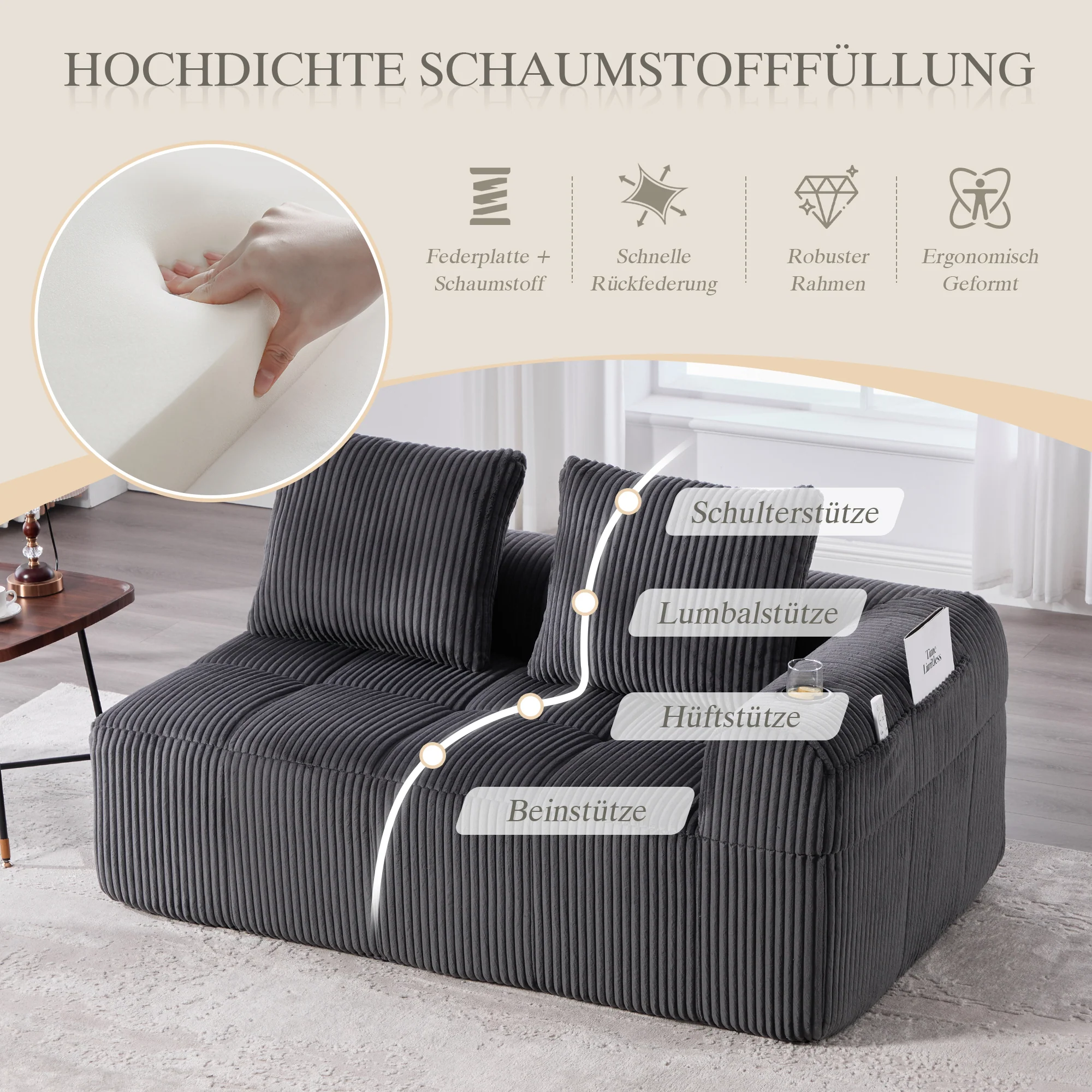 Two-Seater Sofa with Storage Pocket & Drink Holder - Corduroy - Image 5