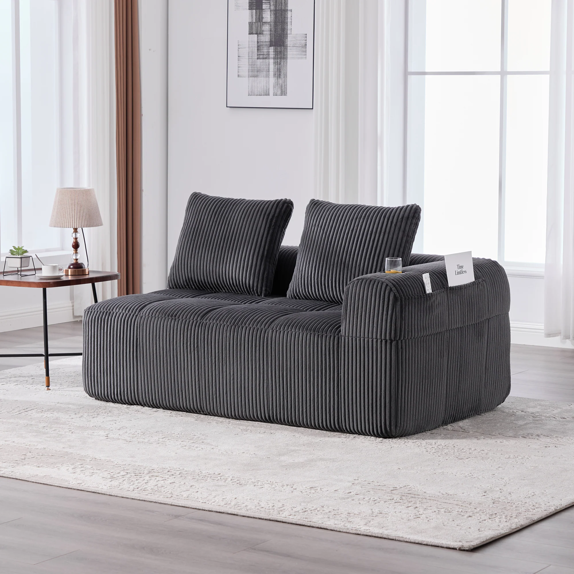 Two-Seater Sofa with Storage Pocket & Drink Holder - Corduroy - Image 6