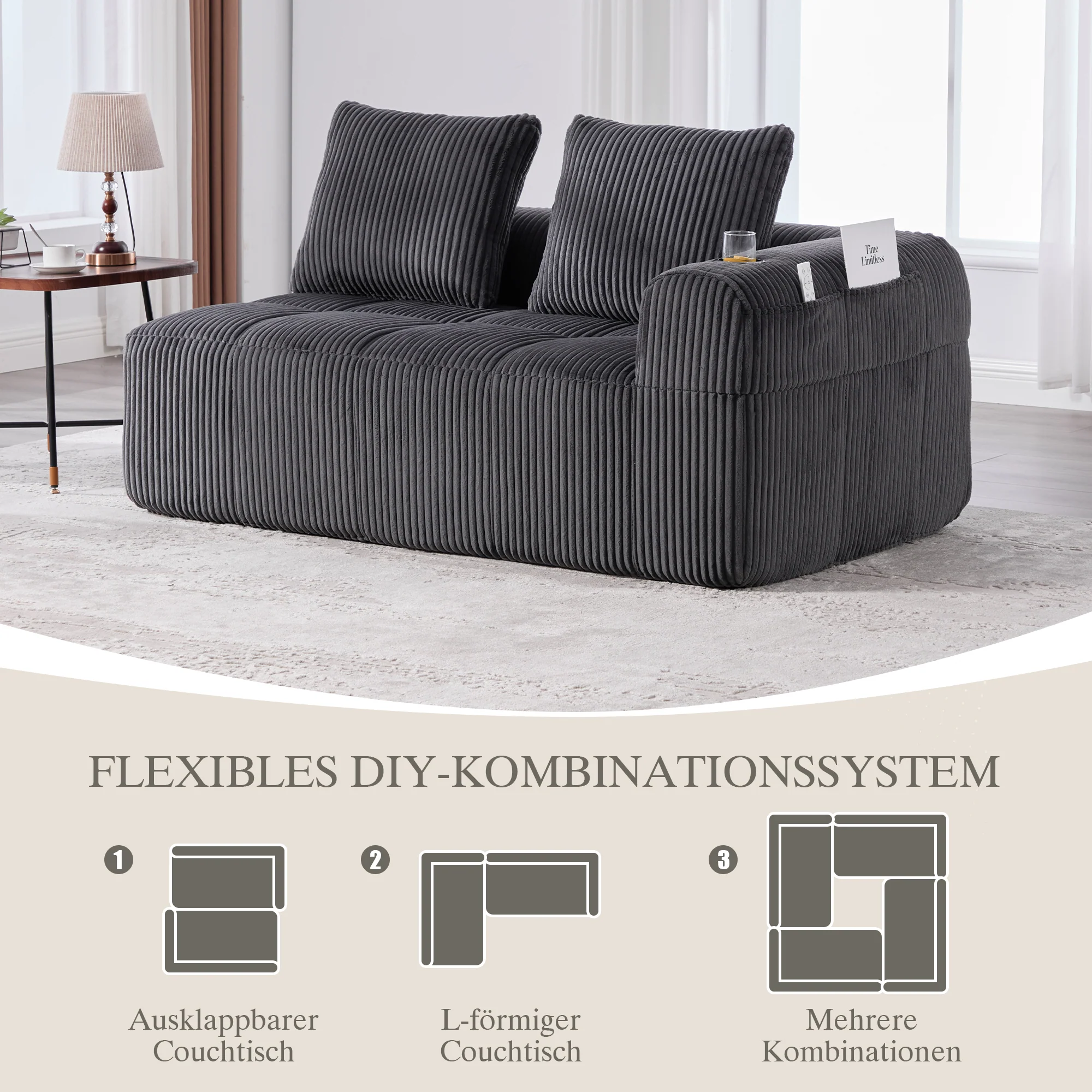 Two-Seater Sofa with Storage Pocket & Drink Holder - Corduroy - Image 7
