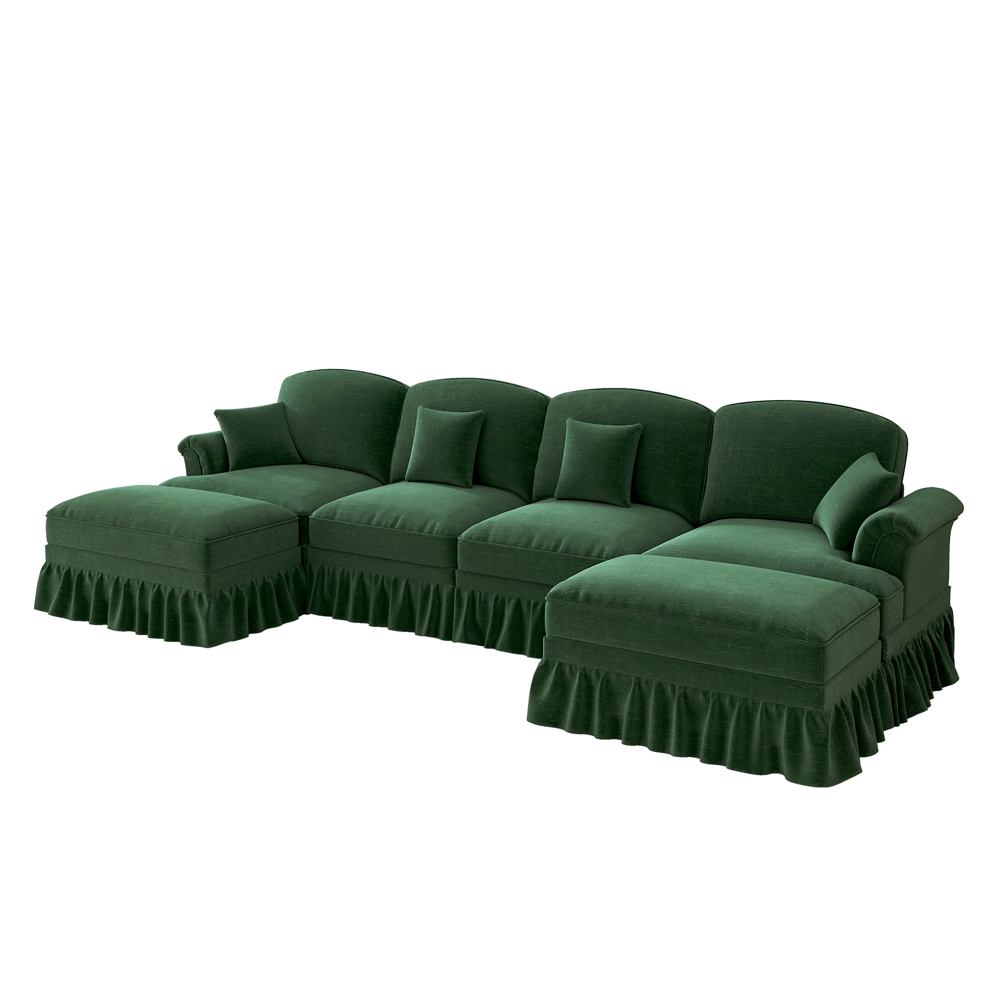 U-shaped Modular Sofa 4-Seater Movable Ottoman - Chenille Green - Image 10
