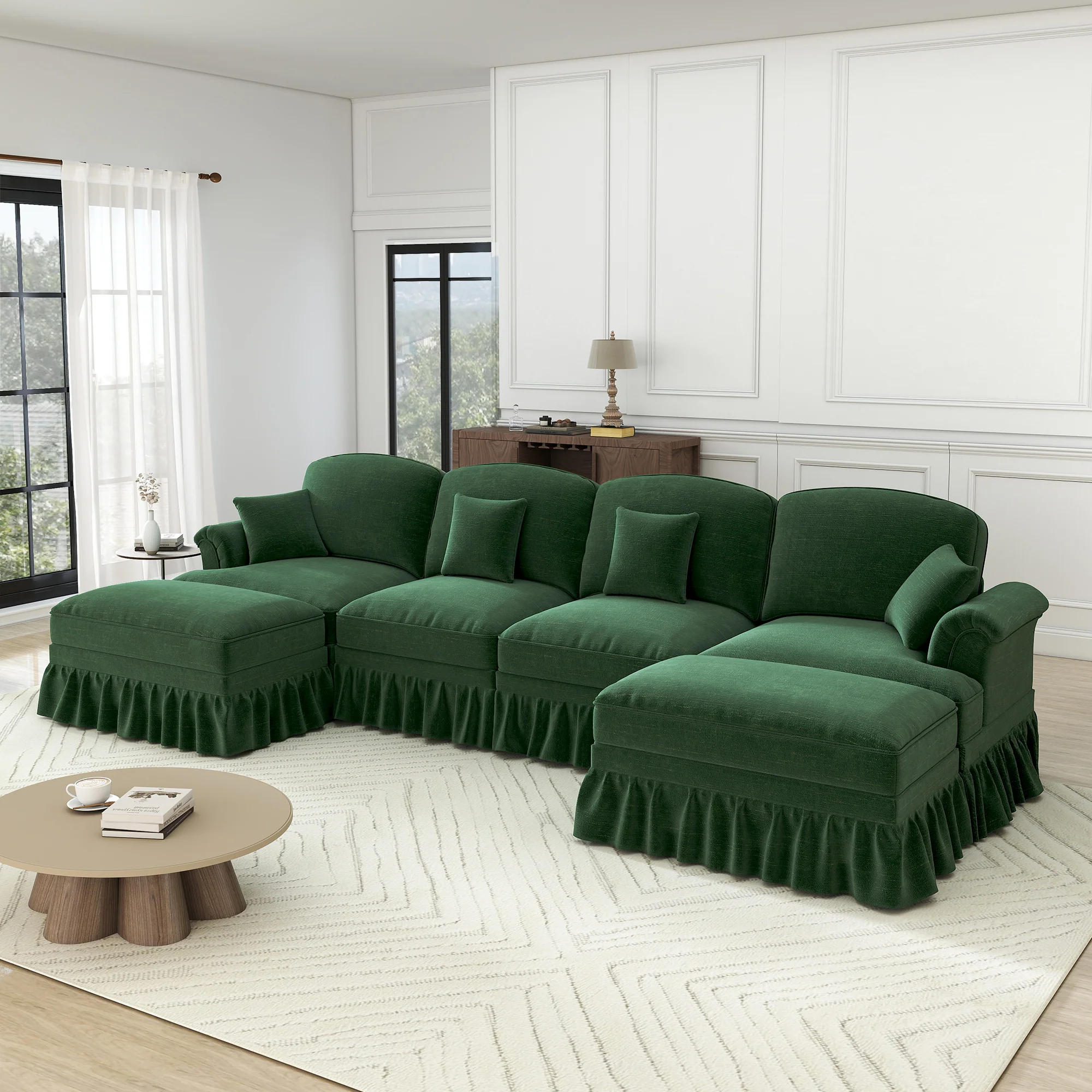 U-shaped Modular Sofa 4-Seater Movable Ottoman - Chenille Green - Image 2