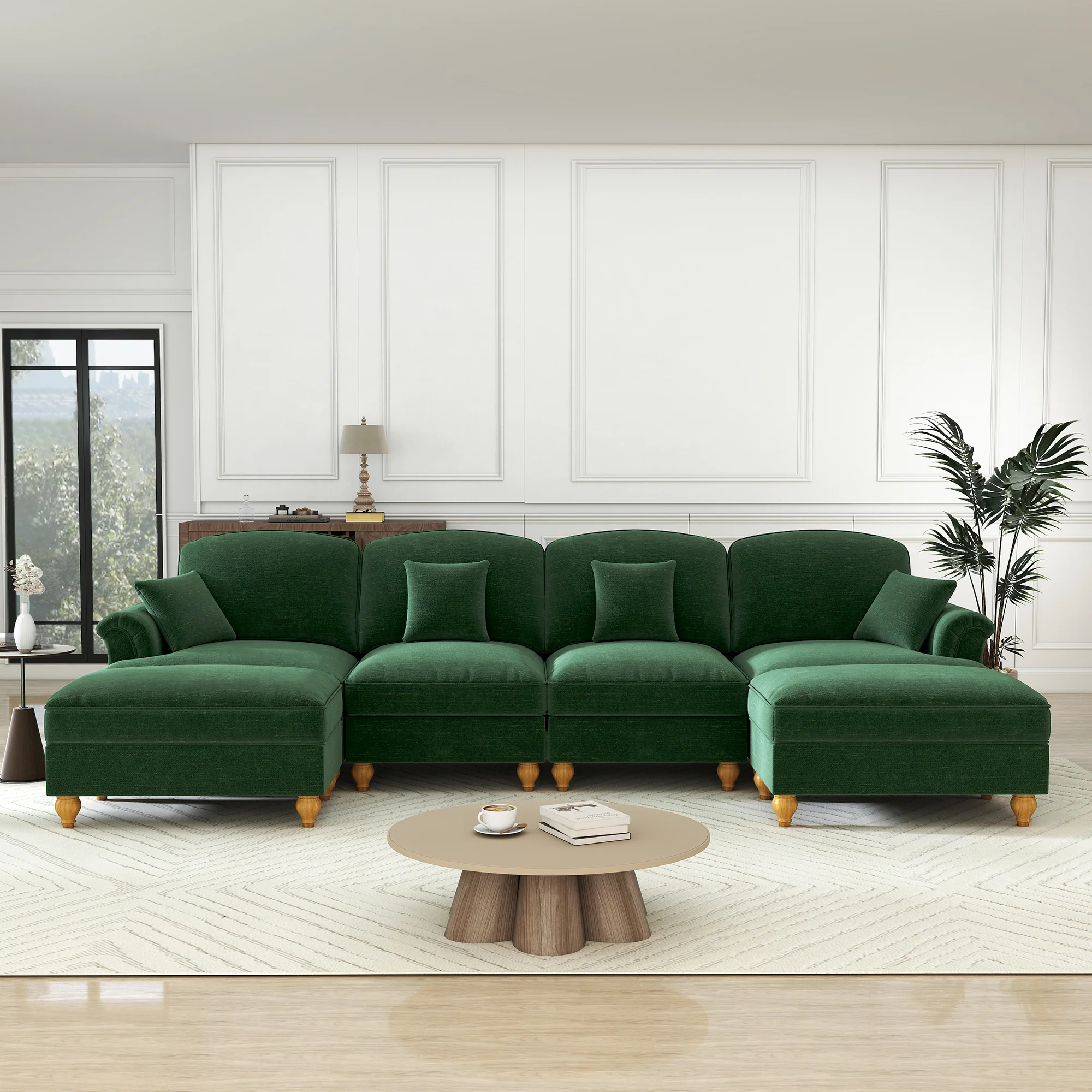 U-shaped Modular Sofa 4-Seater Movable Ottoman - Chenille Green - Image 3