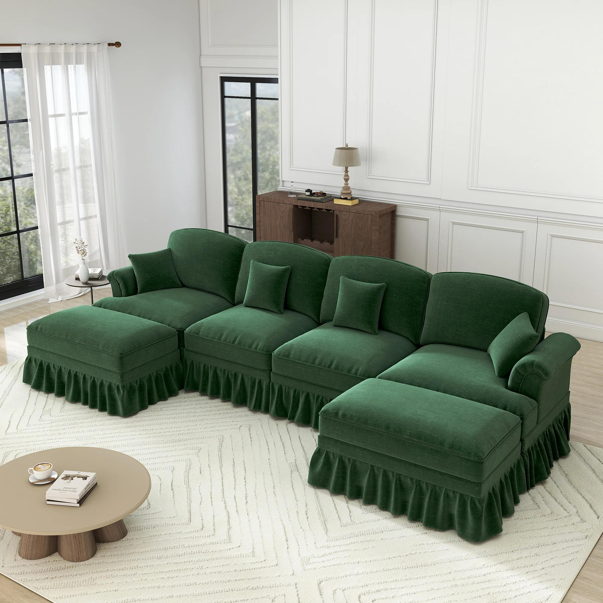 U-shaped Modular Sofa 4-Seater Movable Ottoman - Chenille Green - Image 6