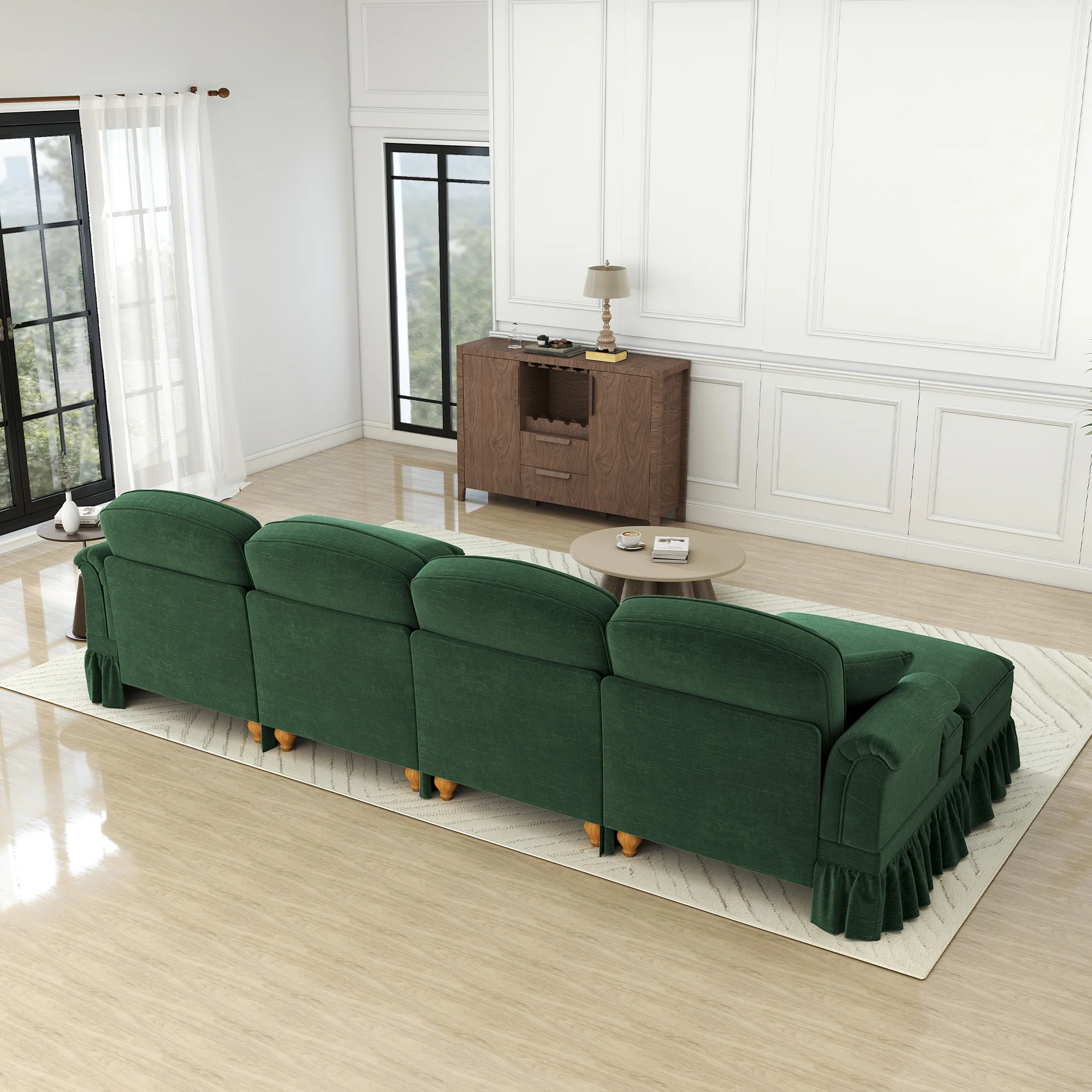 U-shaped Modular Sofa 4-Seater Movable Ottoman - Chenille Green - Image 7