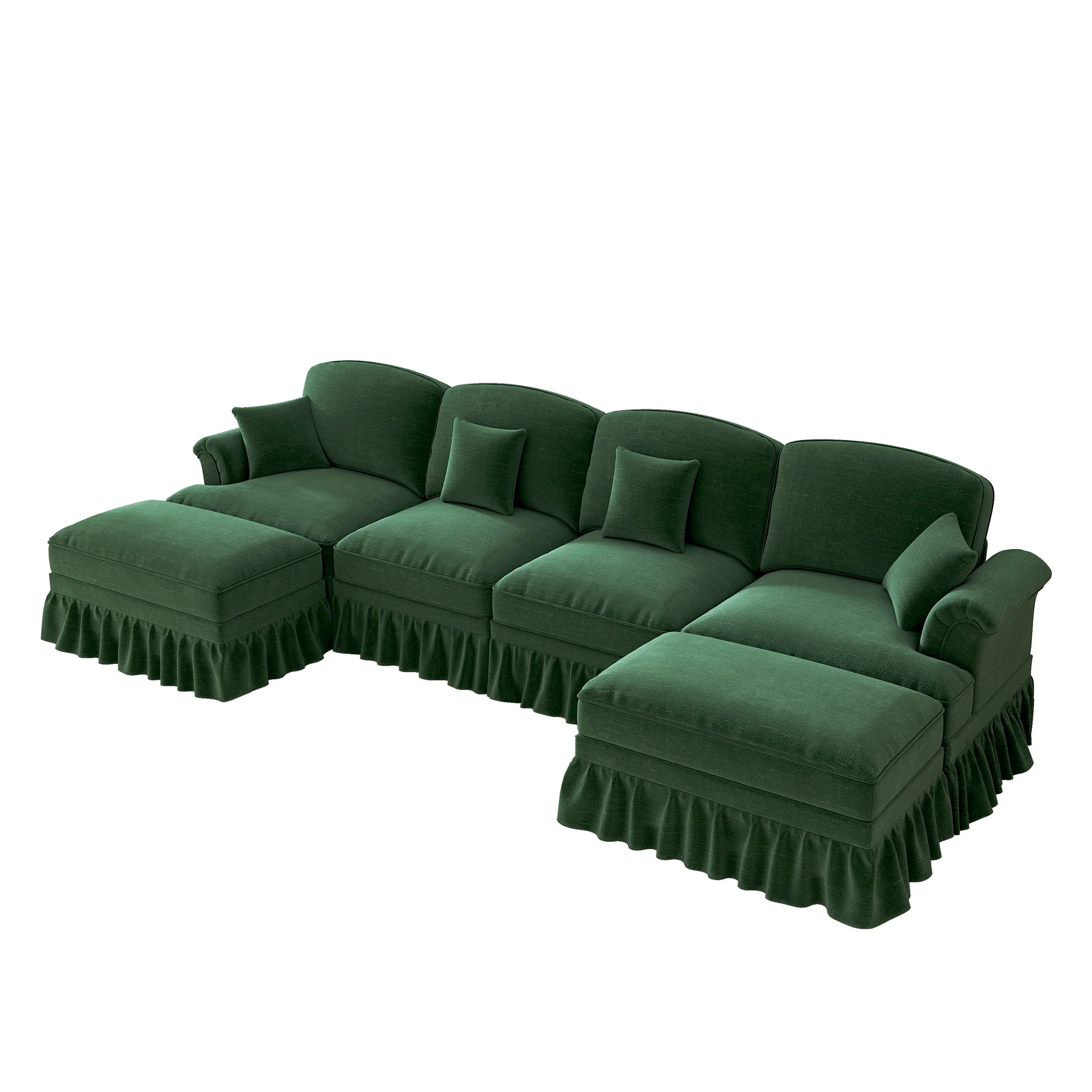 U-shaped Modular Sofa 4-Seater Movable Ottoman - Chenille Green - Image 9